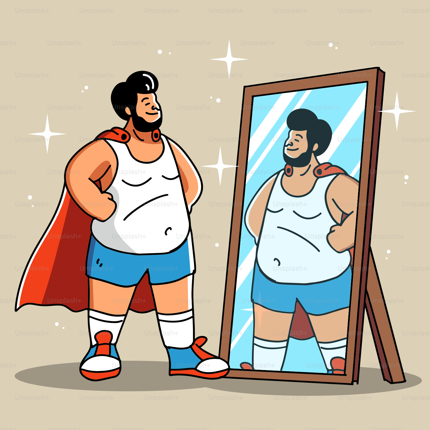A cartoon of a man standing in front of a mirror