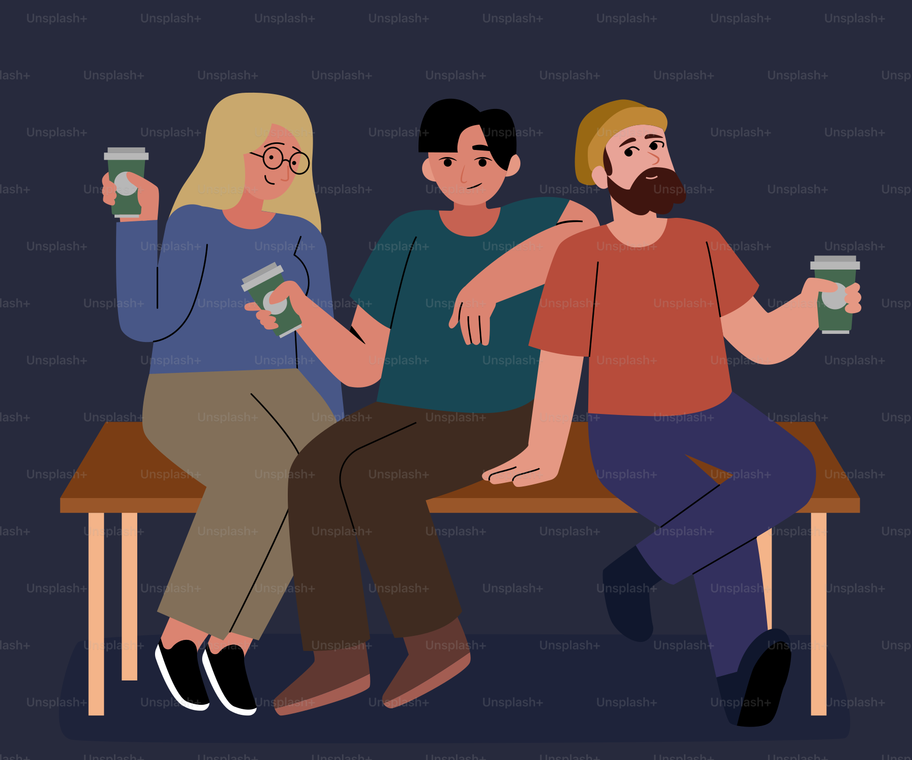 A group of people sitting on top of a wooden table