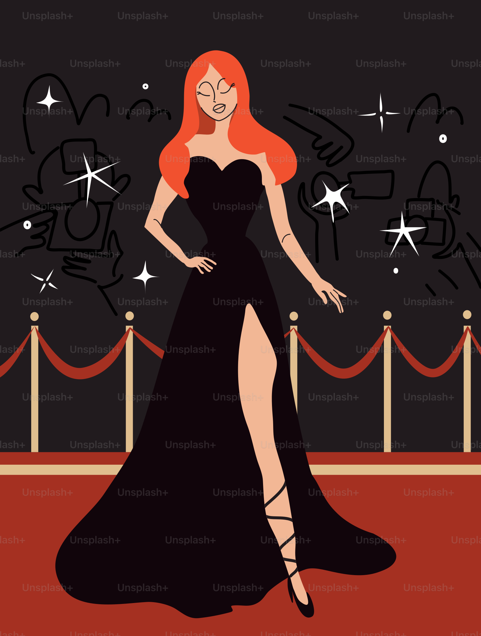 Una mujer con vestido negro de pie sobre una alfombra roja