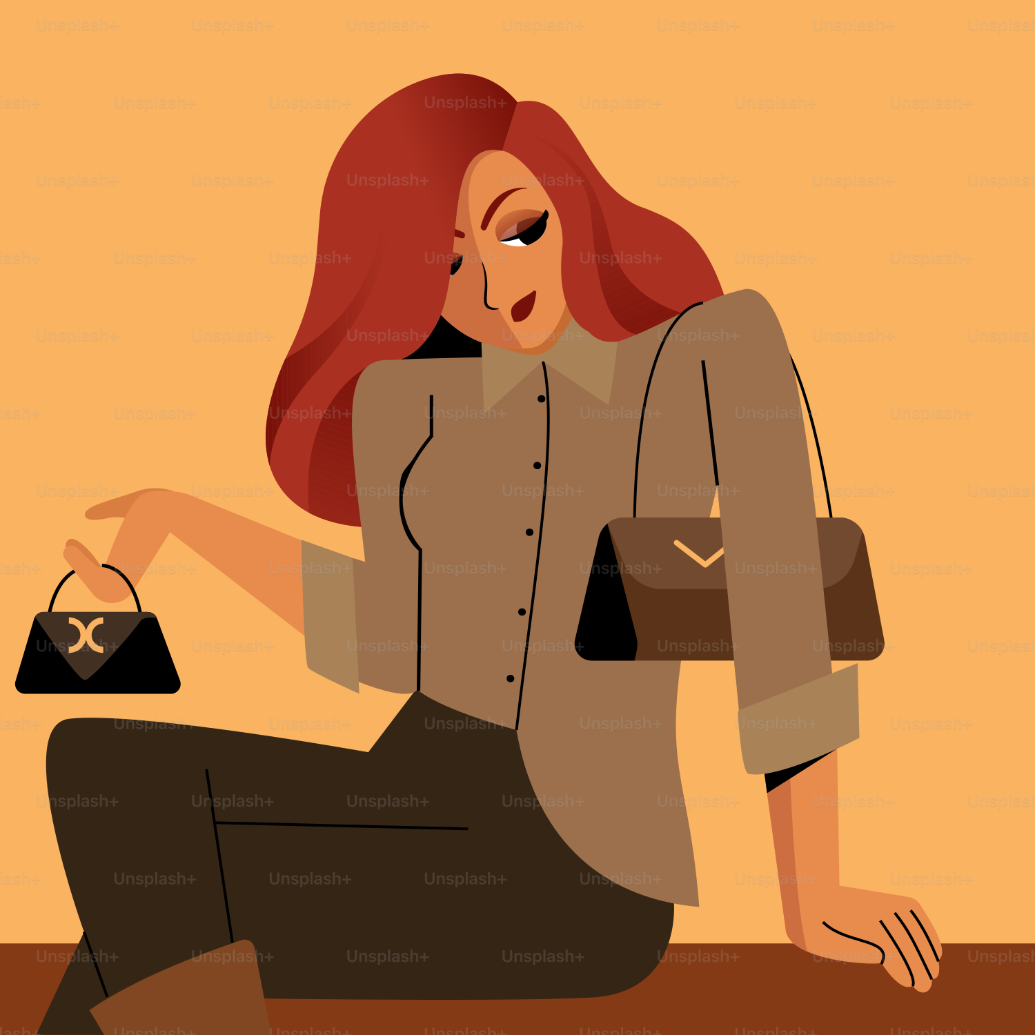A woman sitting on the floor holding a purse