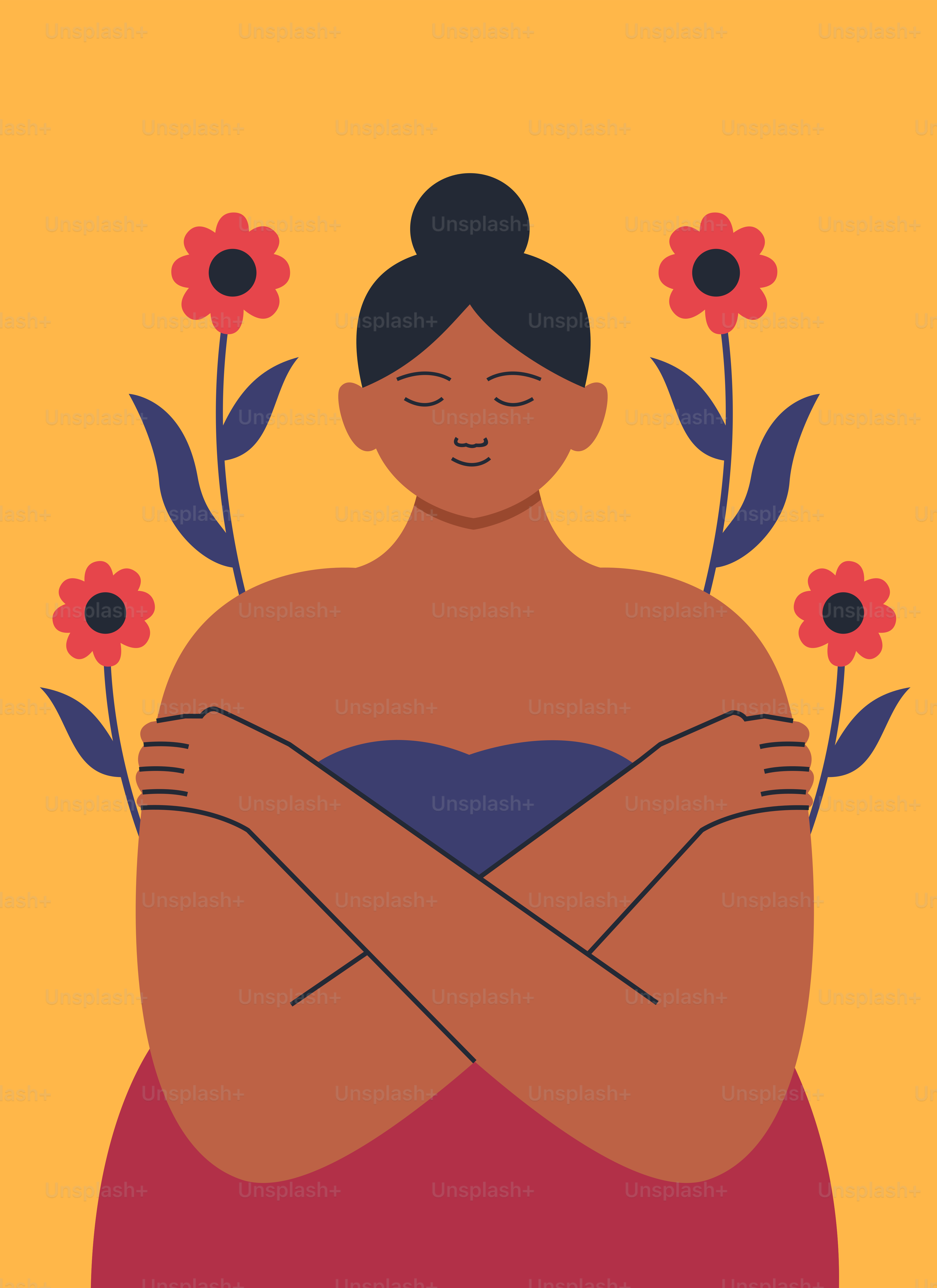 A woman with her arms crossed and flowers in her lap