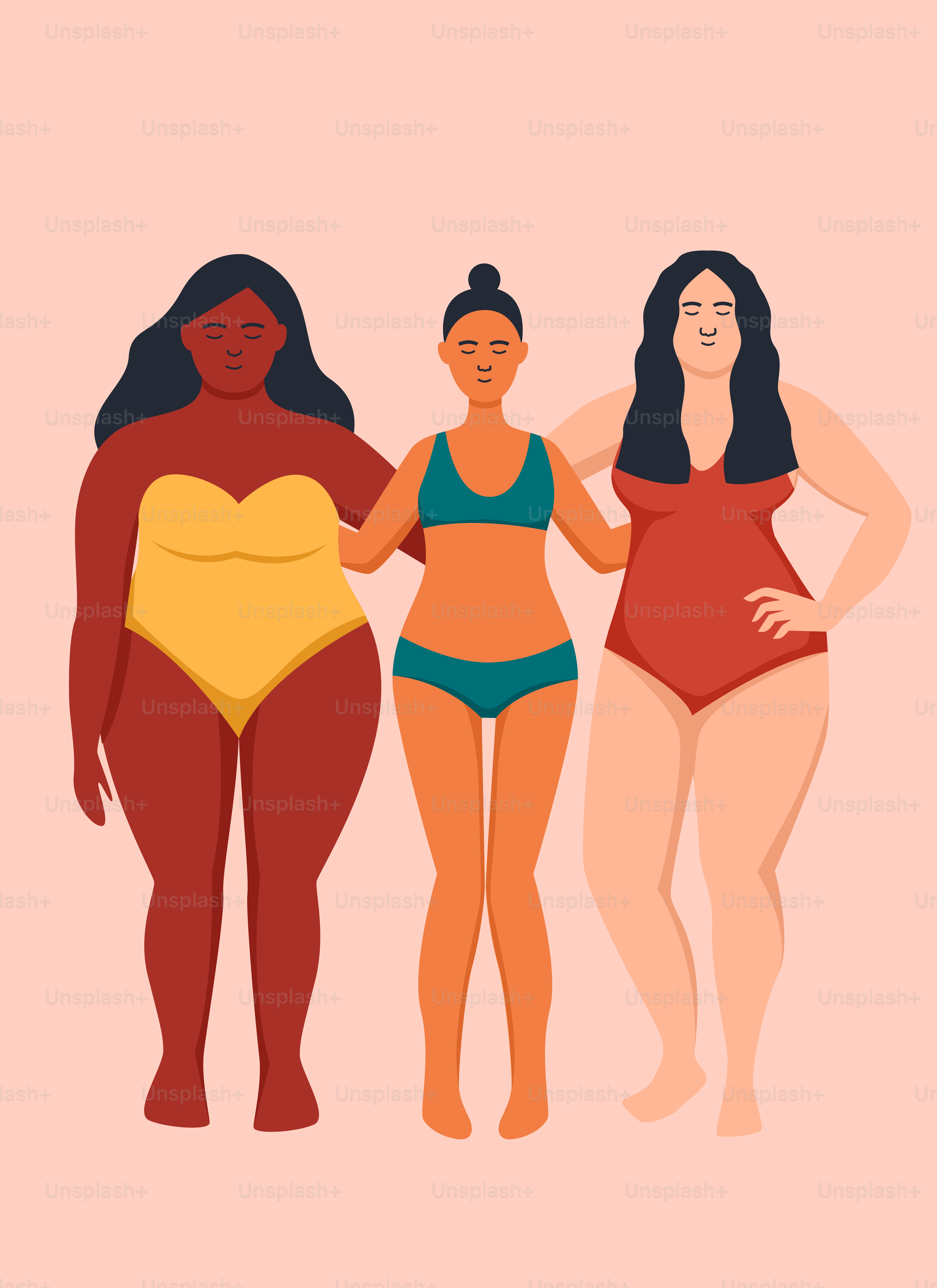 Three women in swimsuits standing next to each other