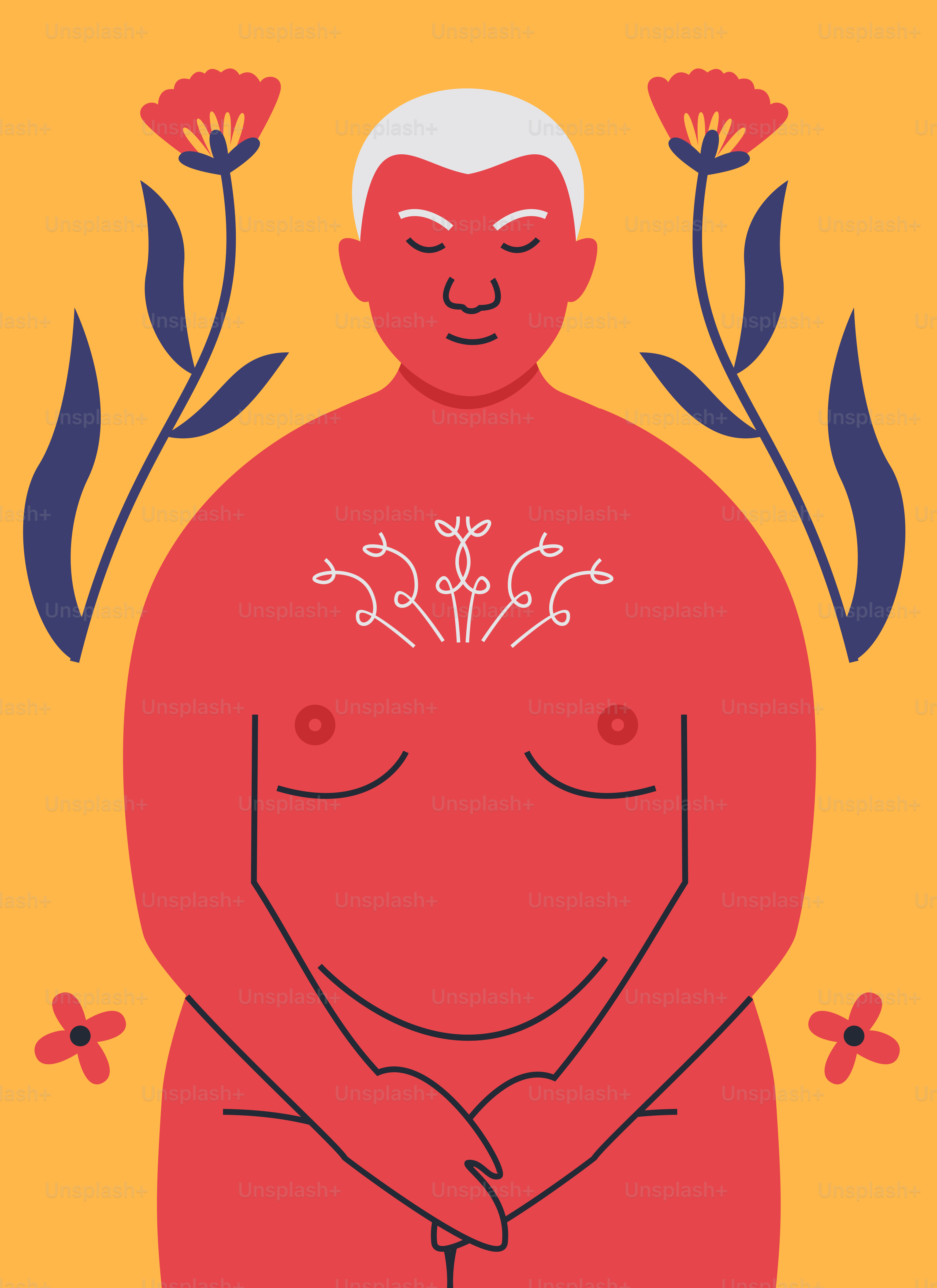 A drawing of a man with flowers around him