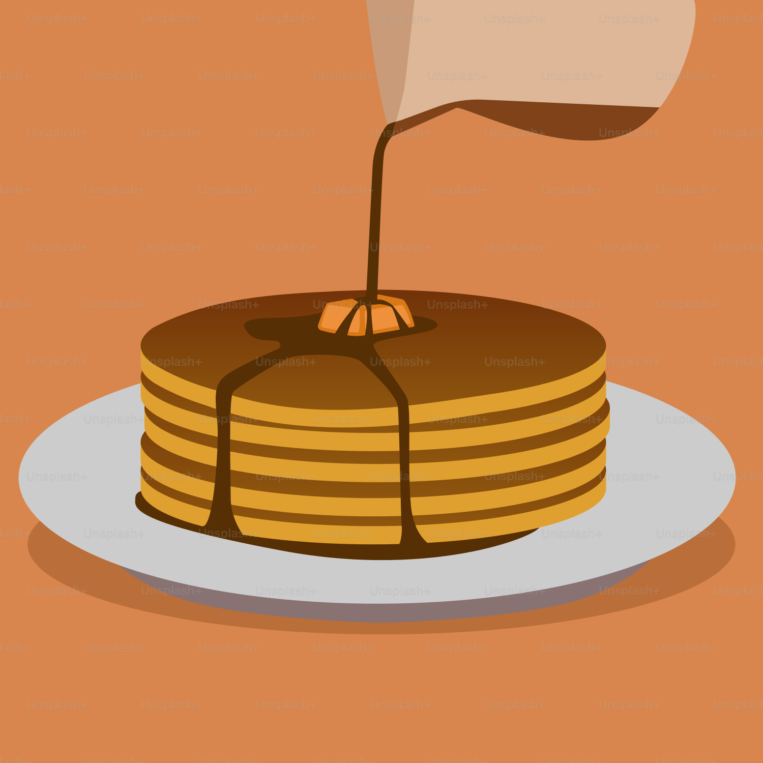 A stack of pancakes with syrup being poured on top