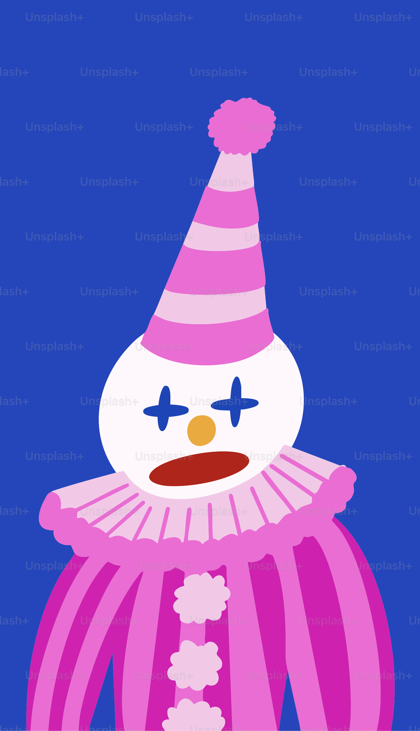 Un payaso rosa y blanco con fondo azul