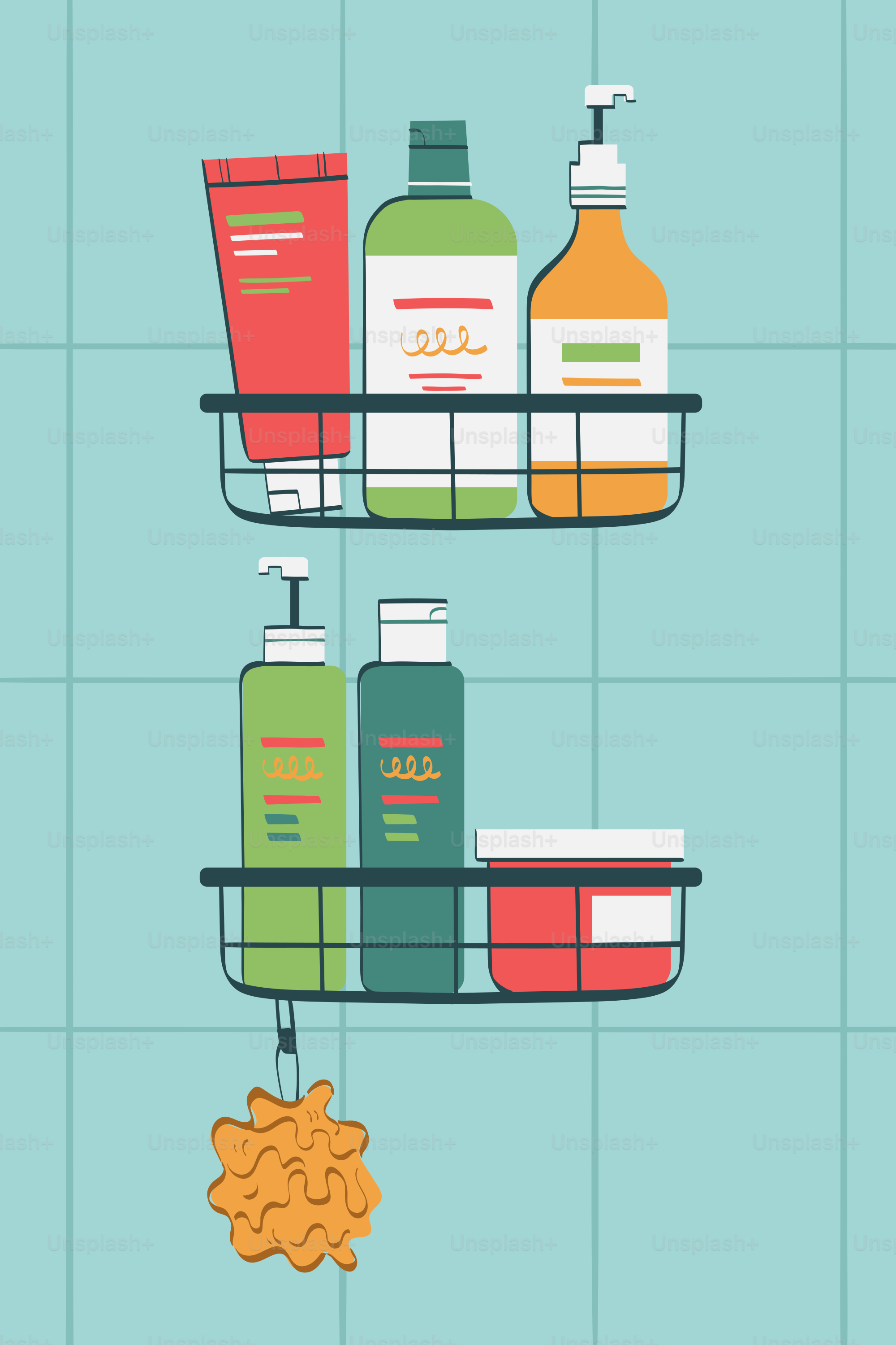 A bathroom shelf filled with lots of different items