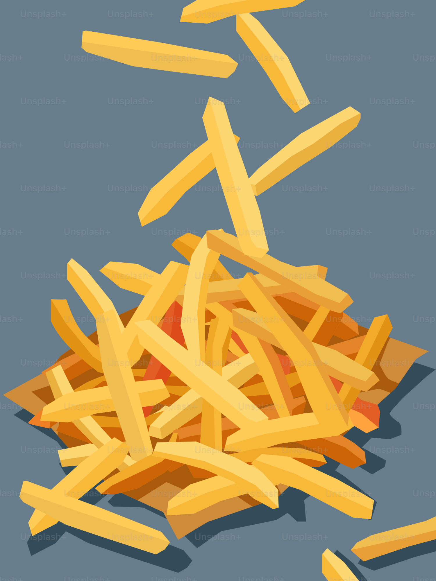 Un montón de patatas fritas sobre fondo azul