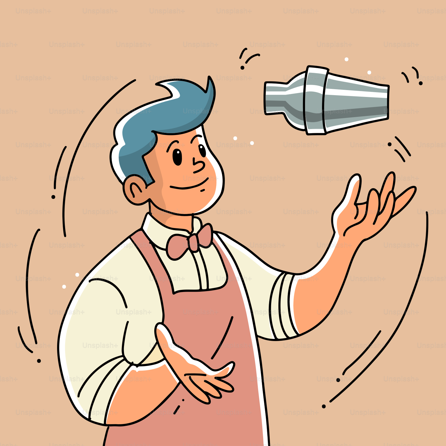 A man in an apron throwing a bottle into the air