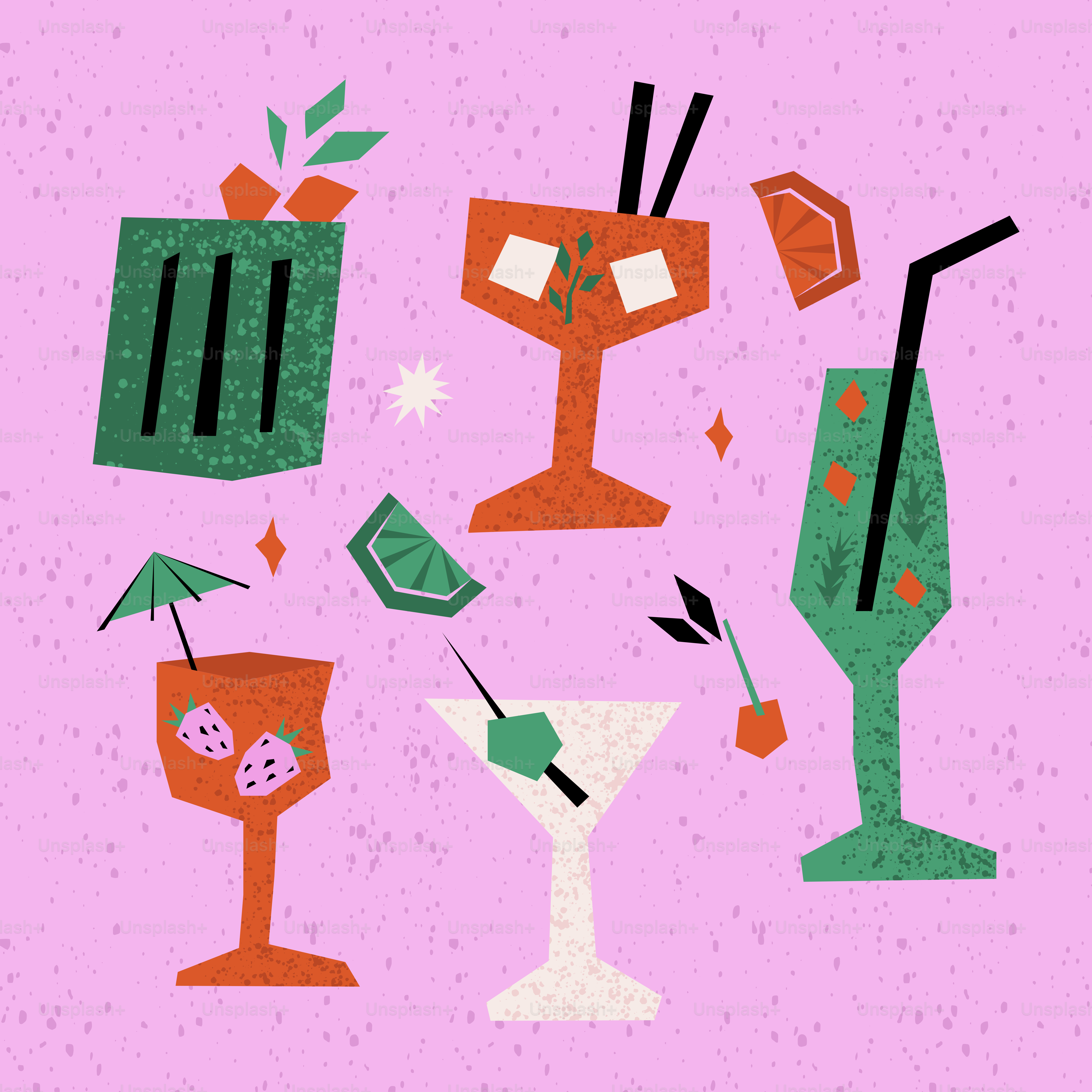 A pink background with different types of cocktails