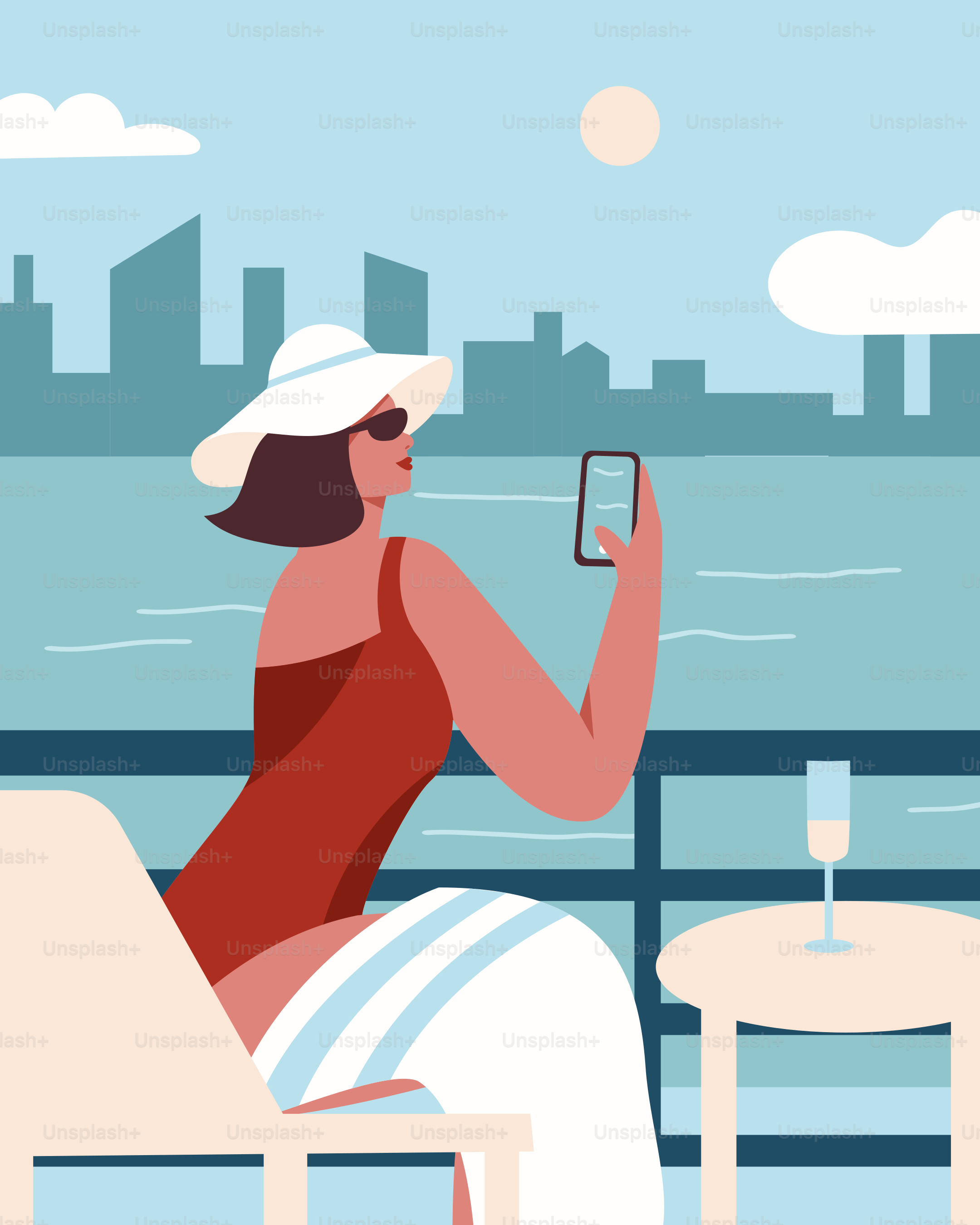 Una mujer con un vestido rojo sentada en una mesa con una copa de vino