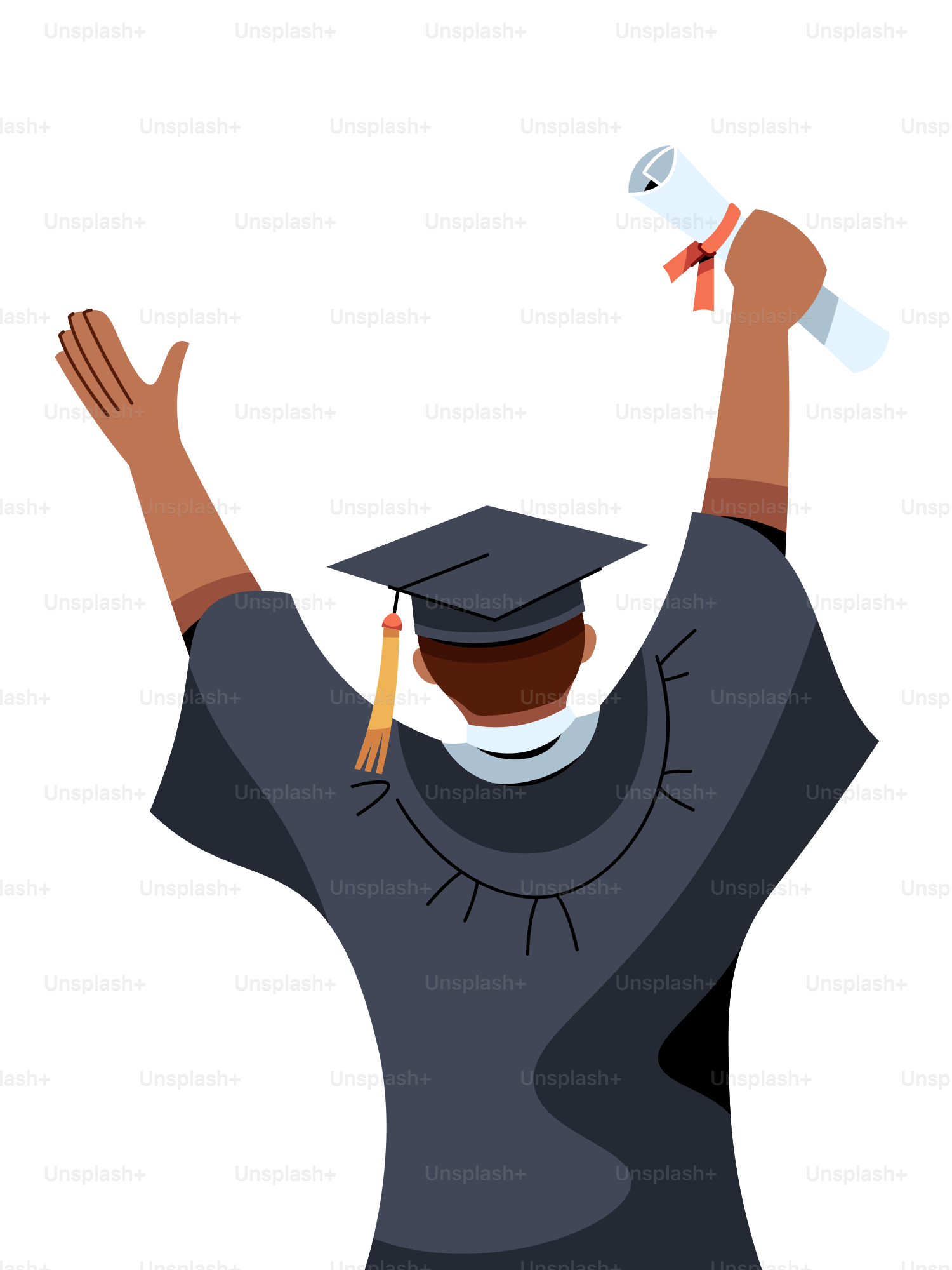 Uma pessoa em um boné de formatura e vestido levantando os braços no ar