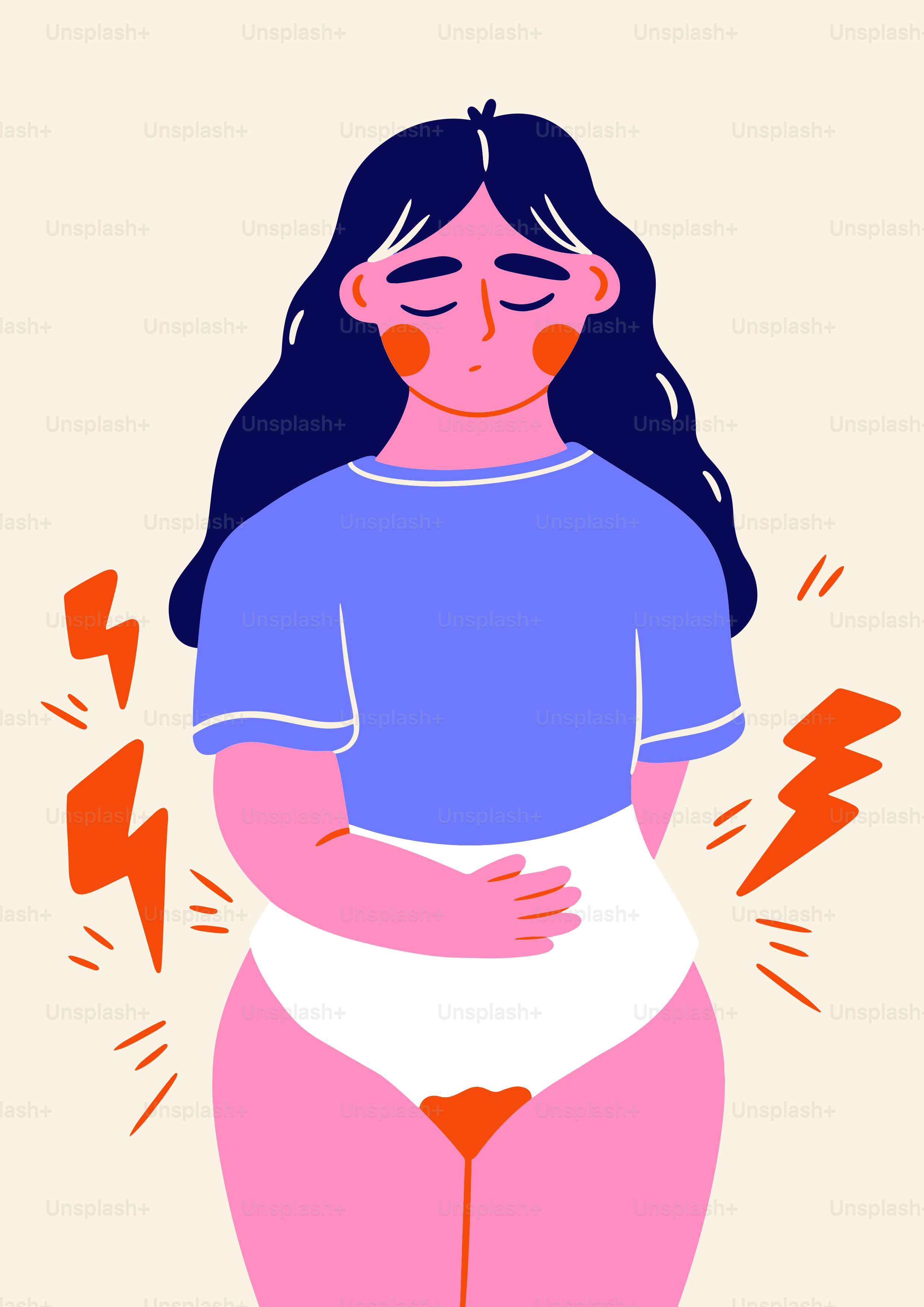 A woman in a blue shirt is holding her stomach