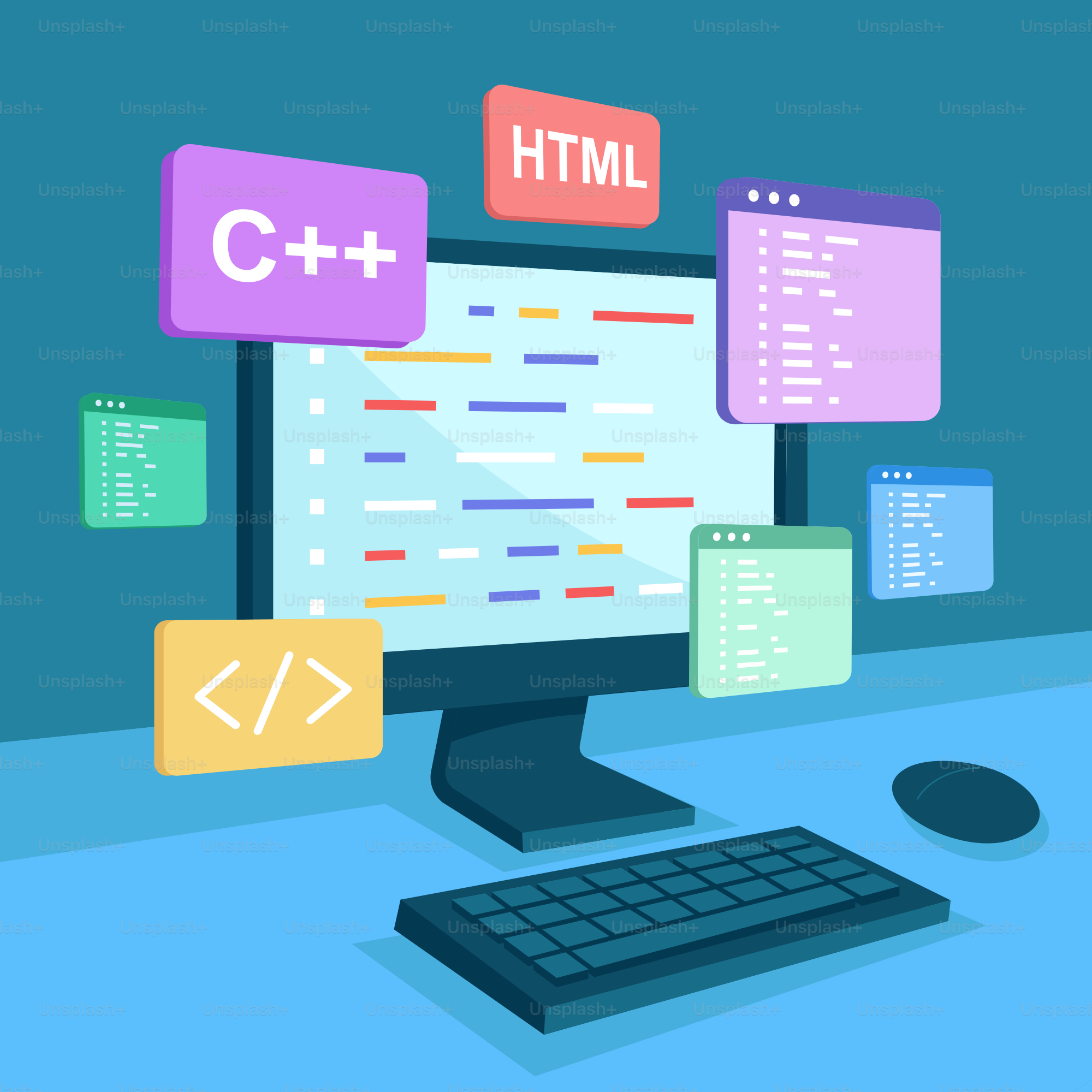 A computer monitor with a keyboard and mouse