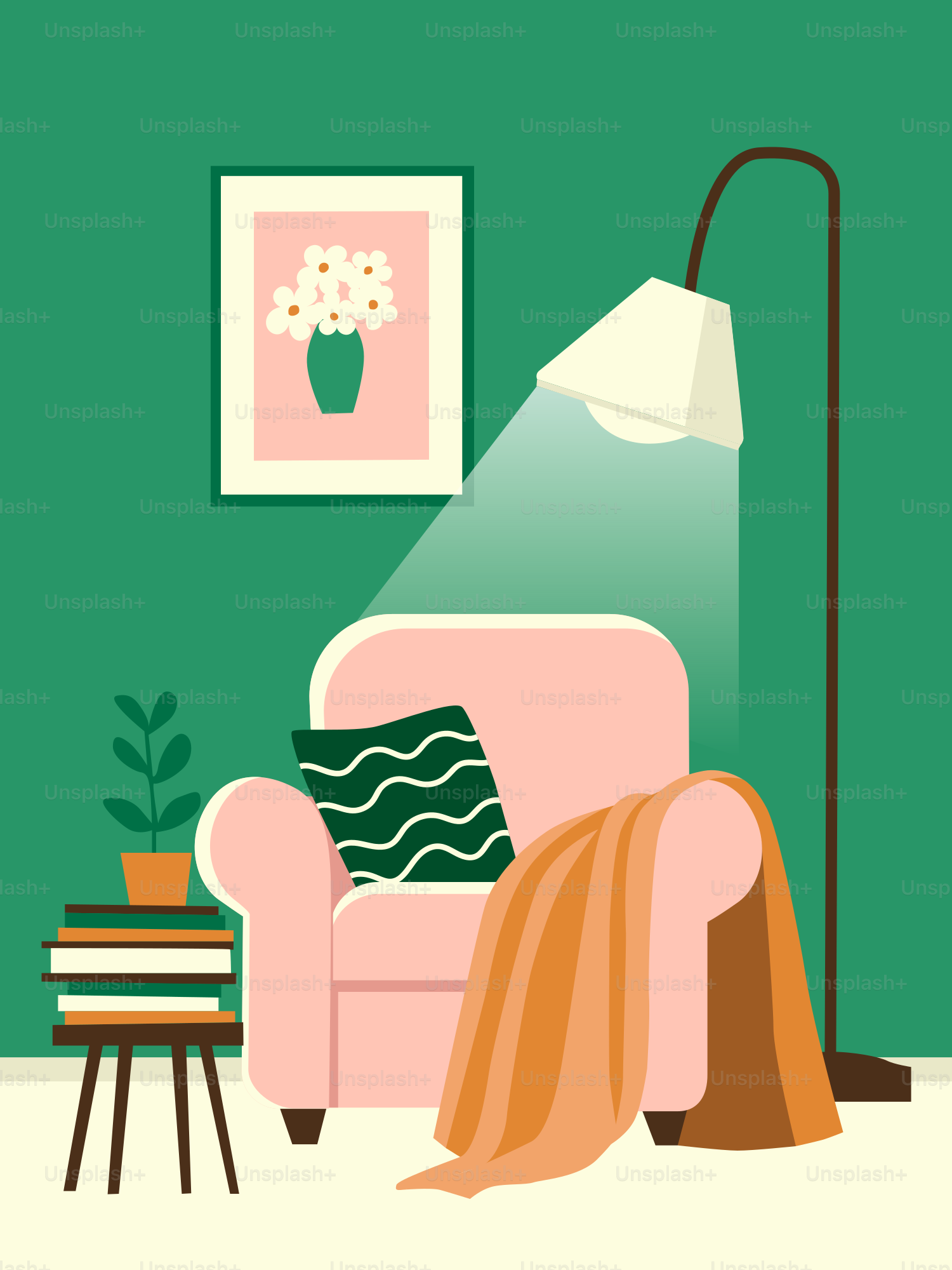A living room with green walls and a pink chair