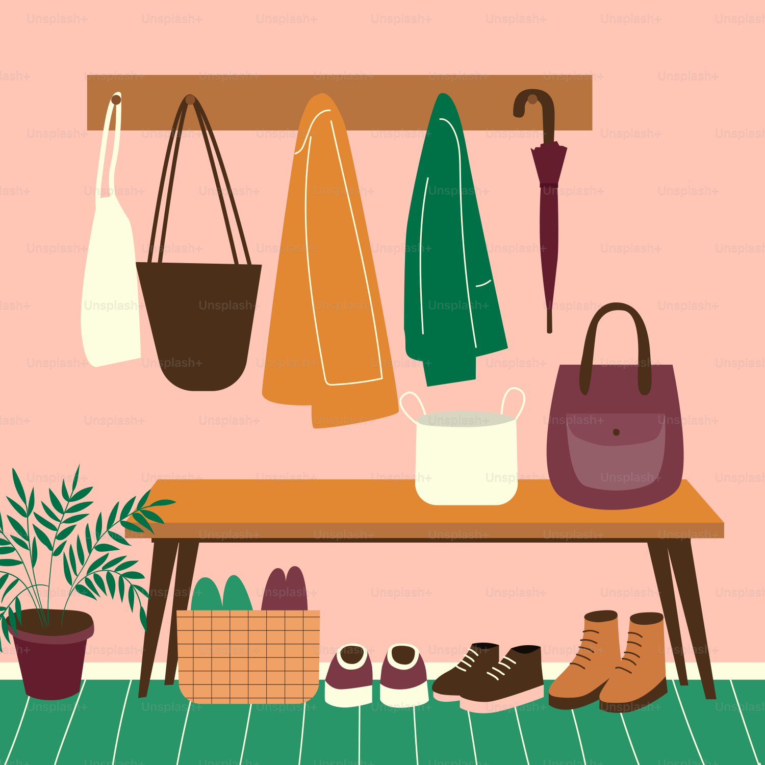 A room with a bench and a bunch of shoes