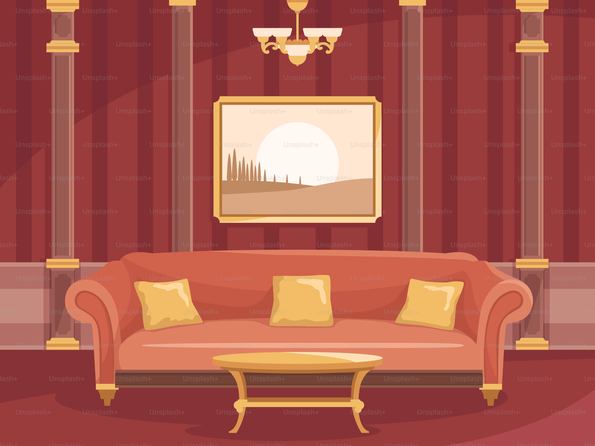 Un soggiorno con tende rosse e un divano