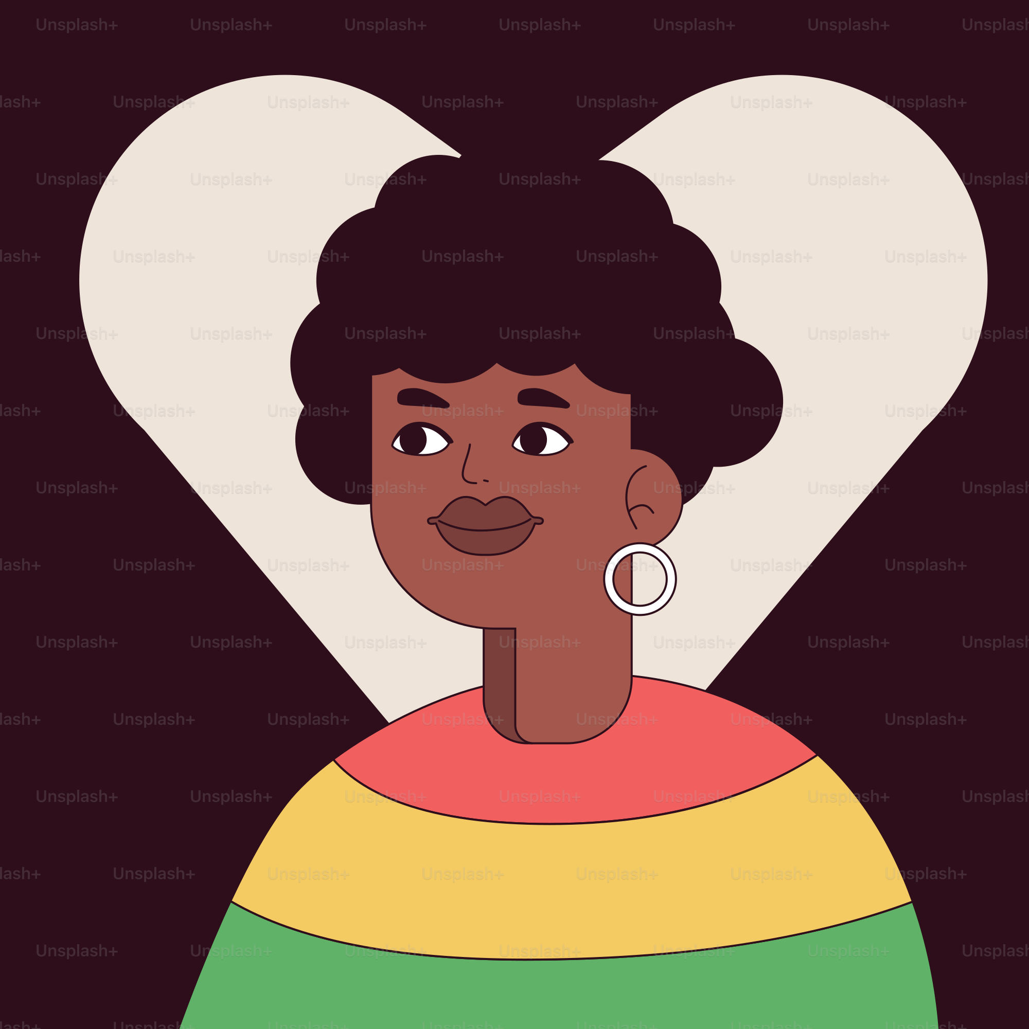 A woman in a striped dress with a heart behind her