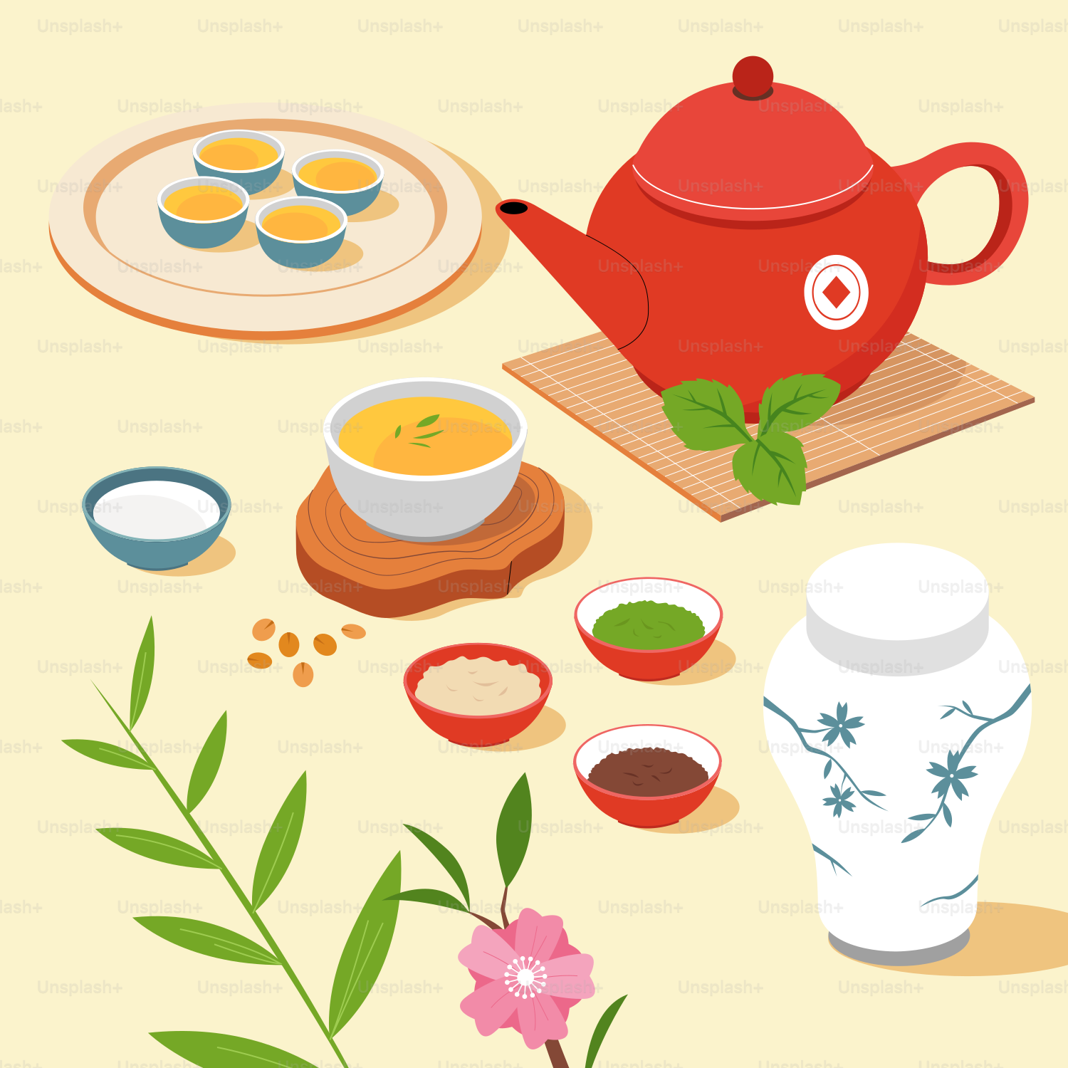 A picture of a tea set and a plate of food