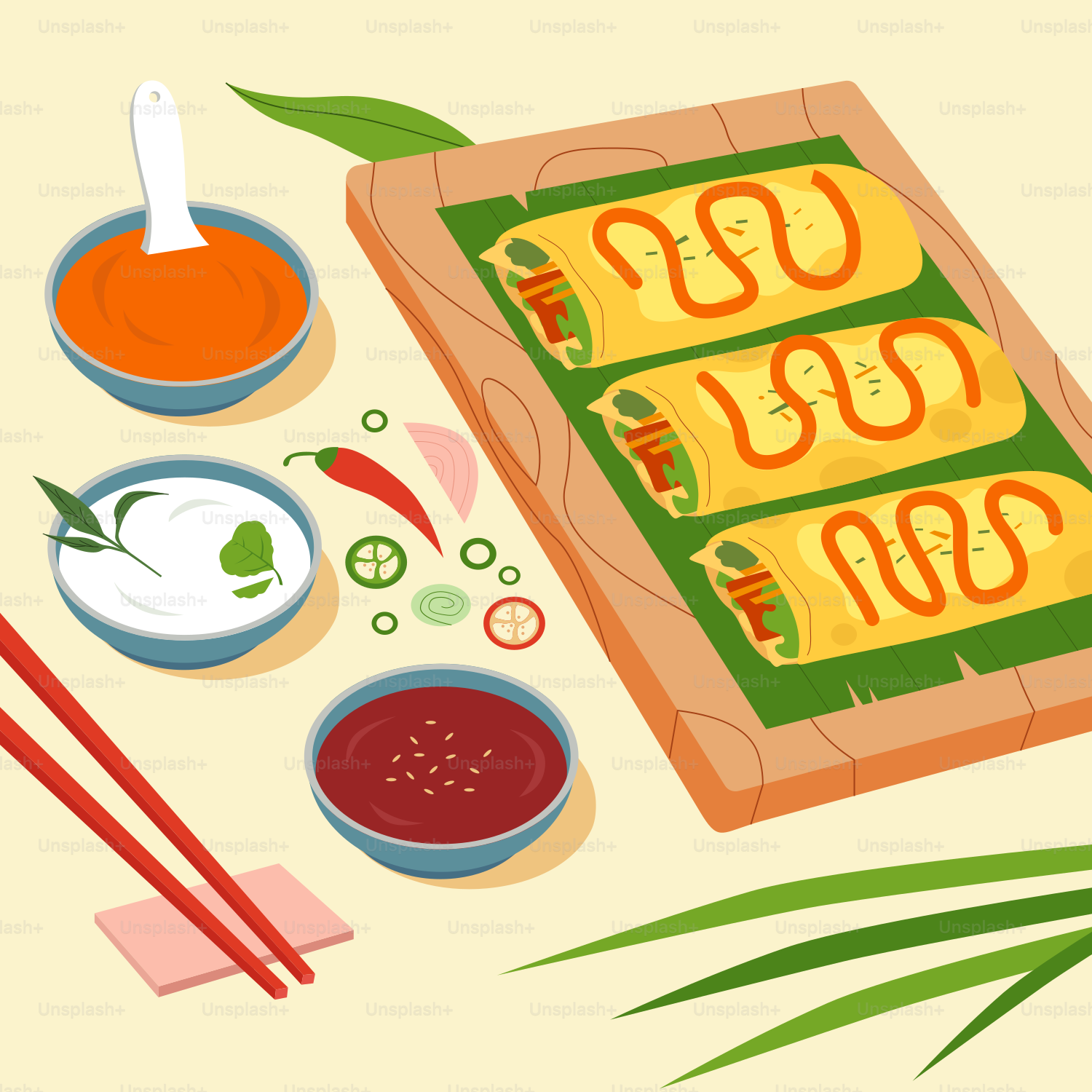 A flat lay of food with chopsticks and chopsticks