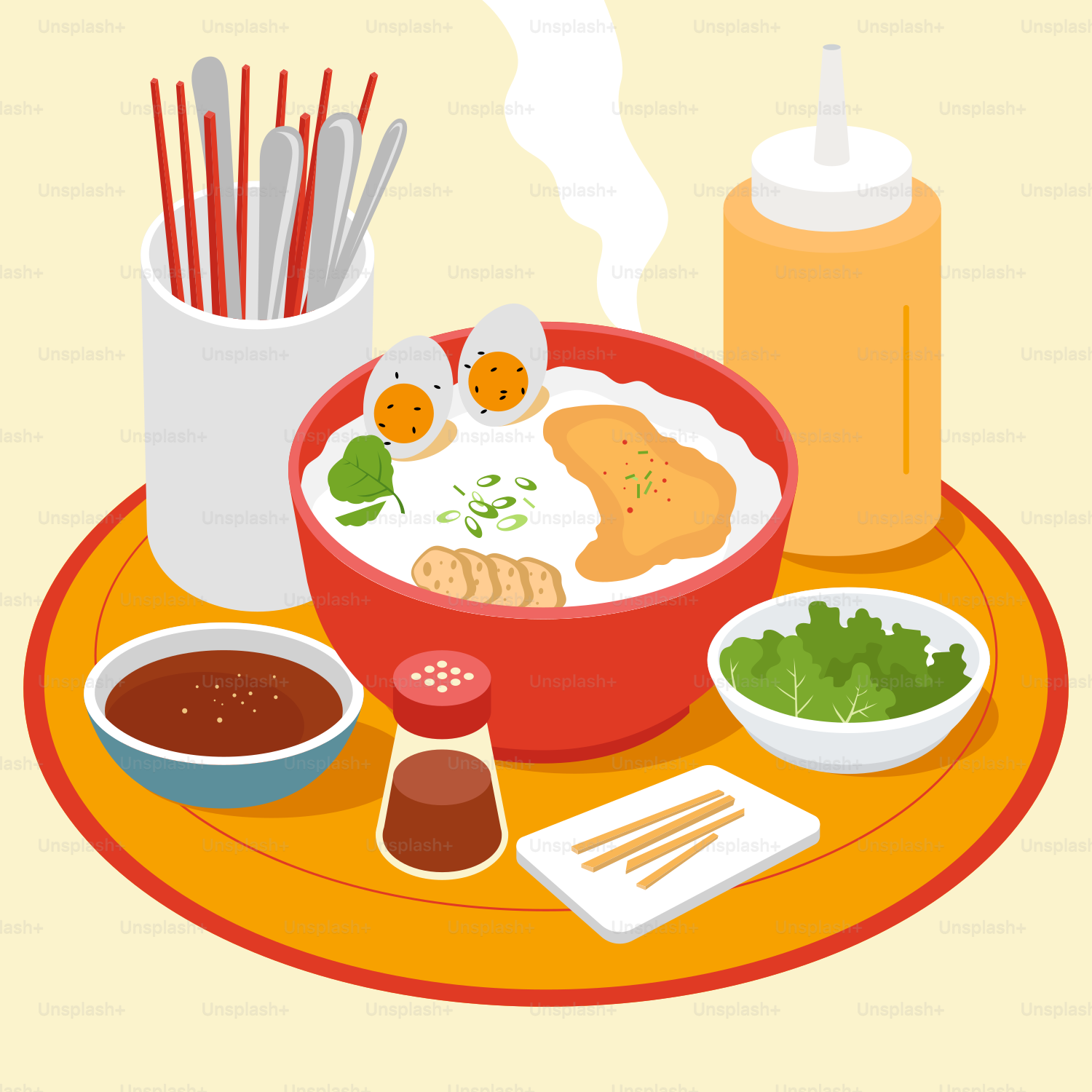 A plate of food with chopsticks and sauce