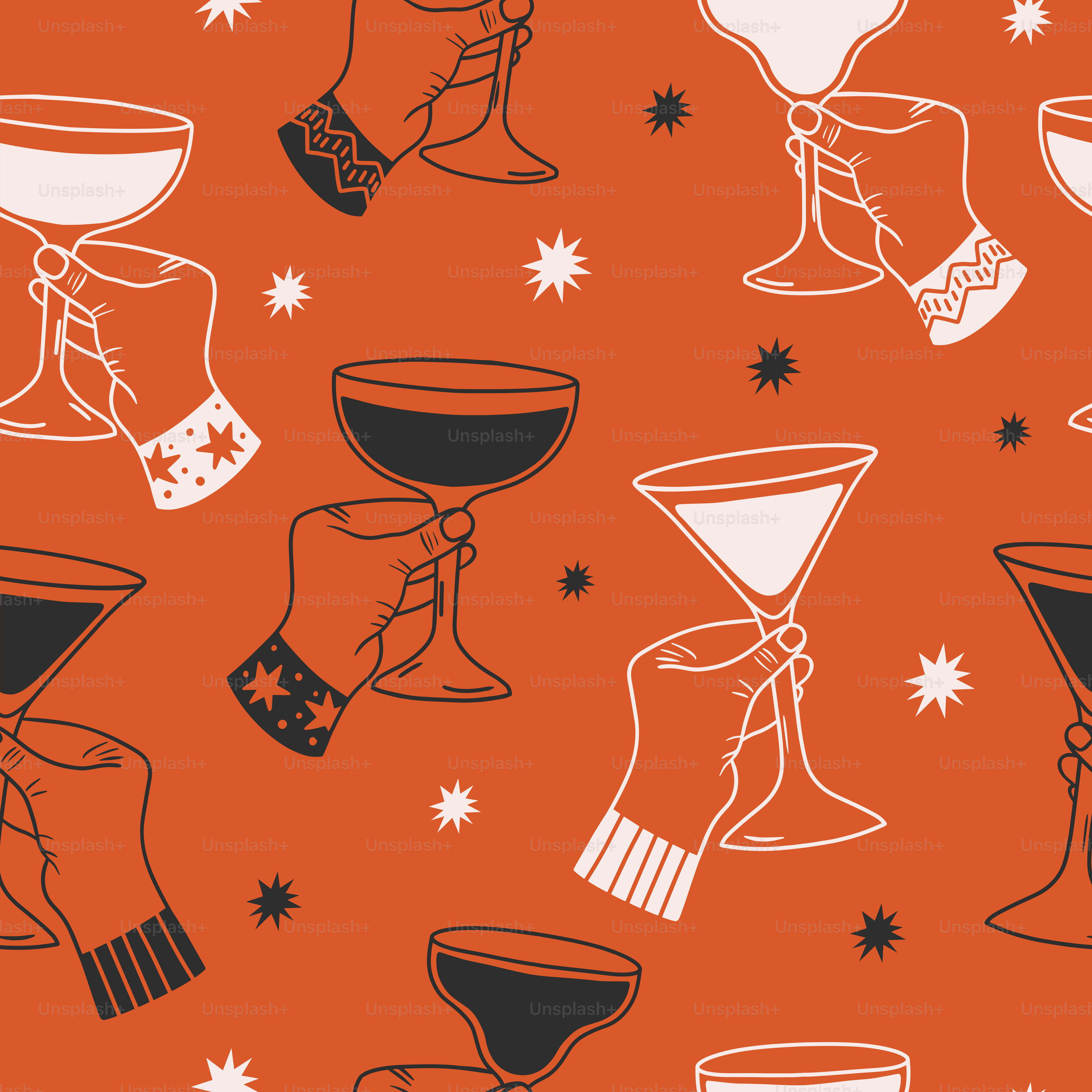 An orange background with black and white images