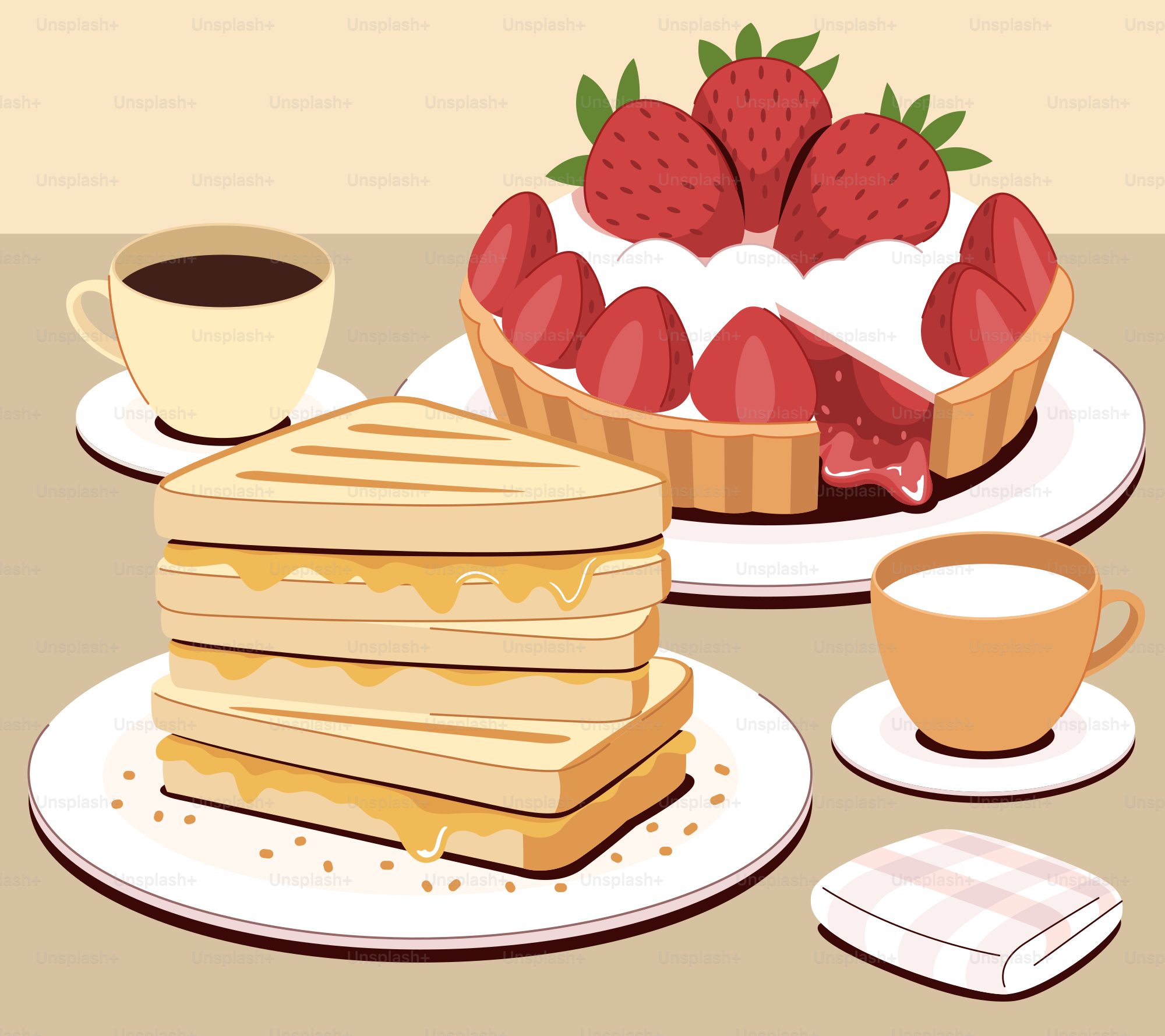 Ein Tisch mit Tellern voller Essen und einer Tasse Kaffee