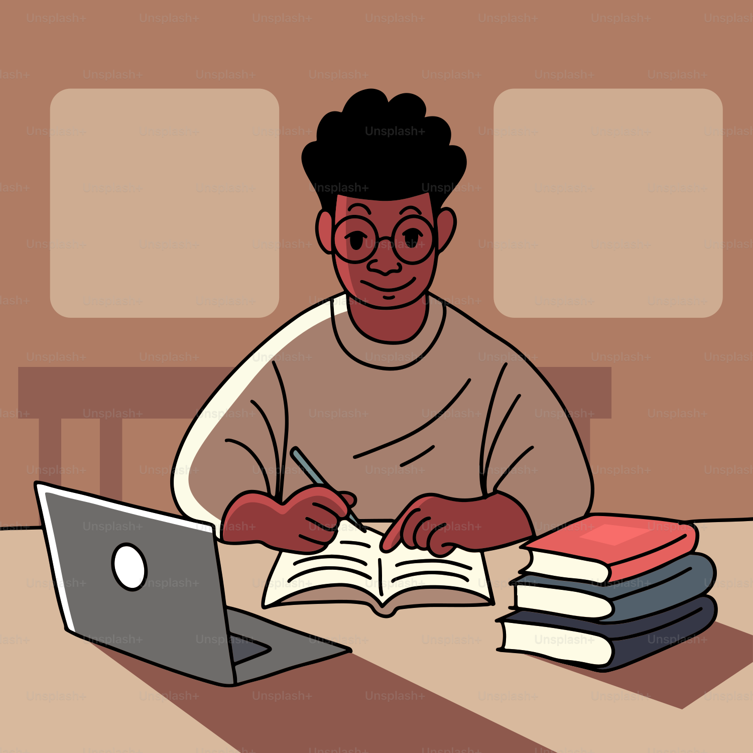 A man sitting at a table with a laptop and a stack of books