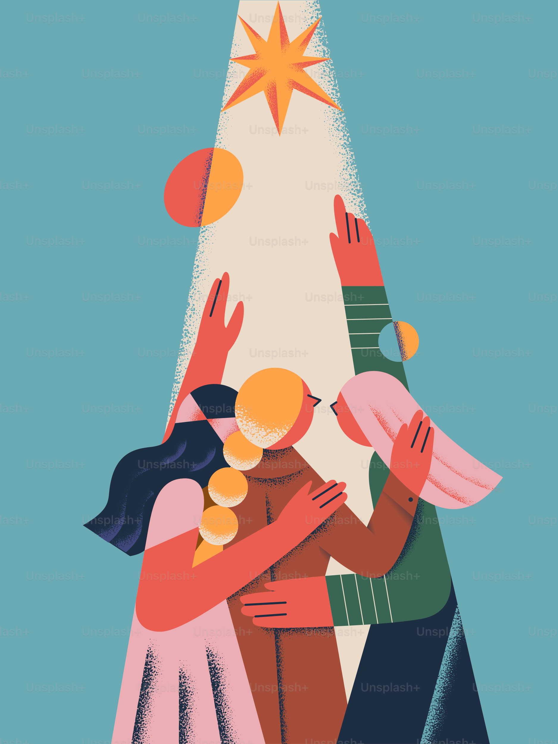 A couple hugging under a star on a blue background