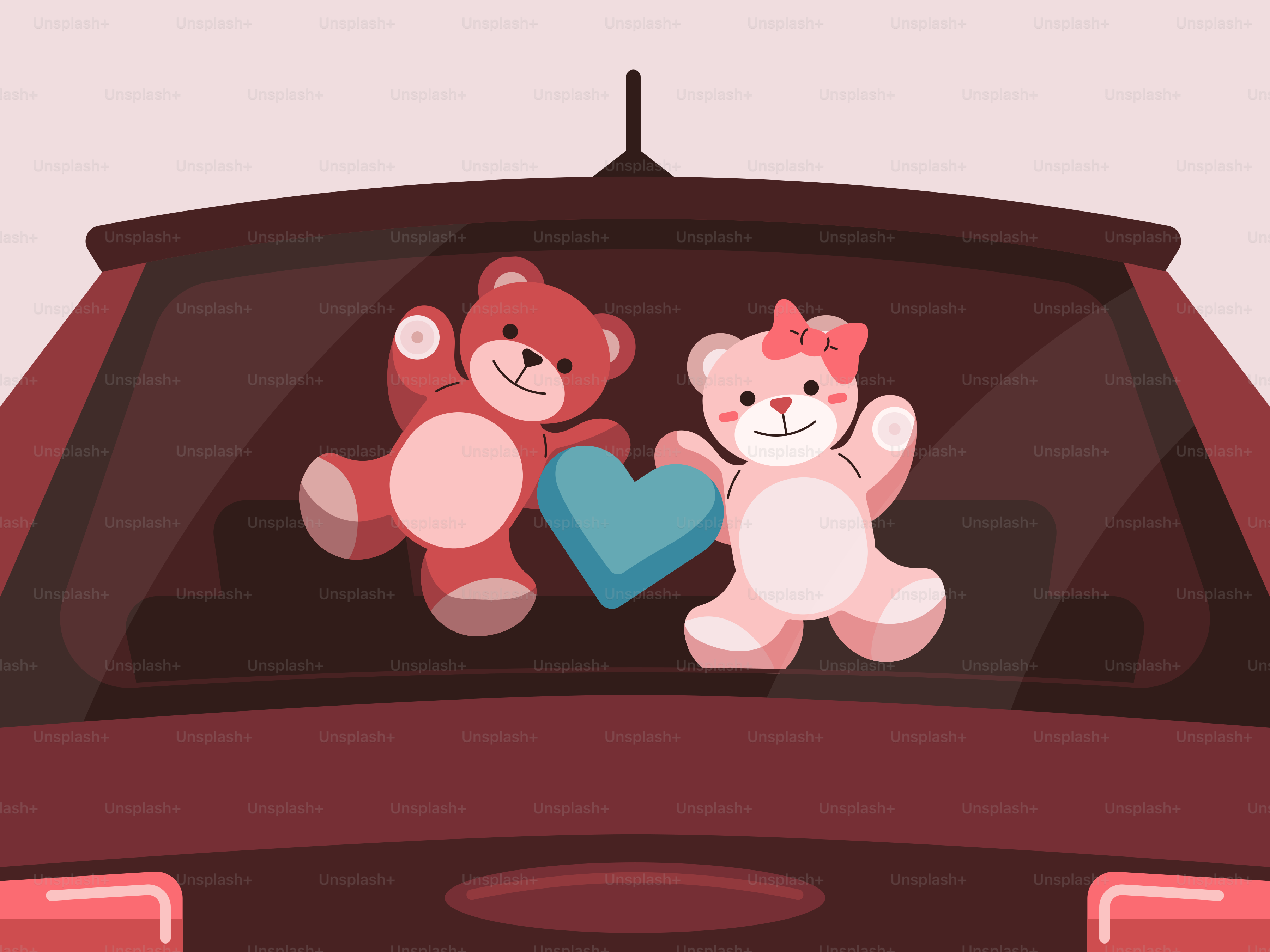 車の後部座席に座っているテディベアが二匹