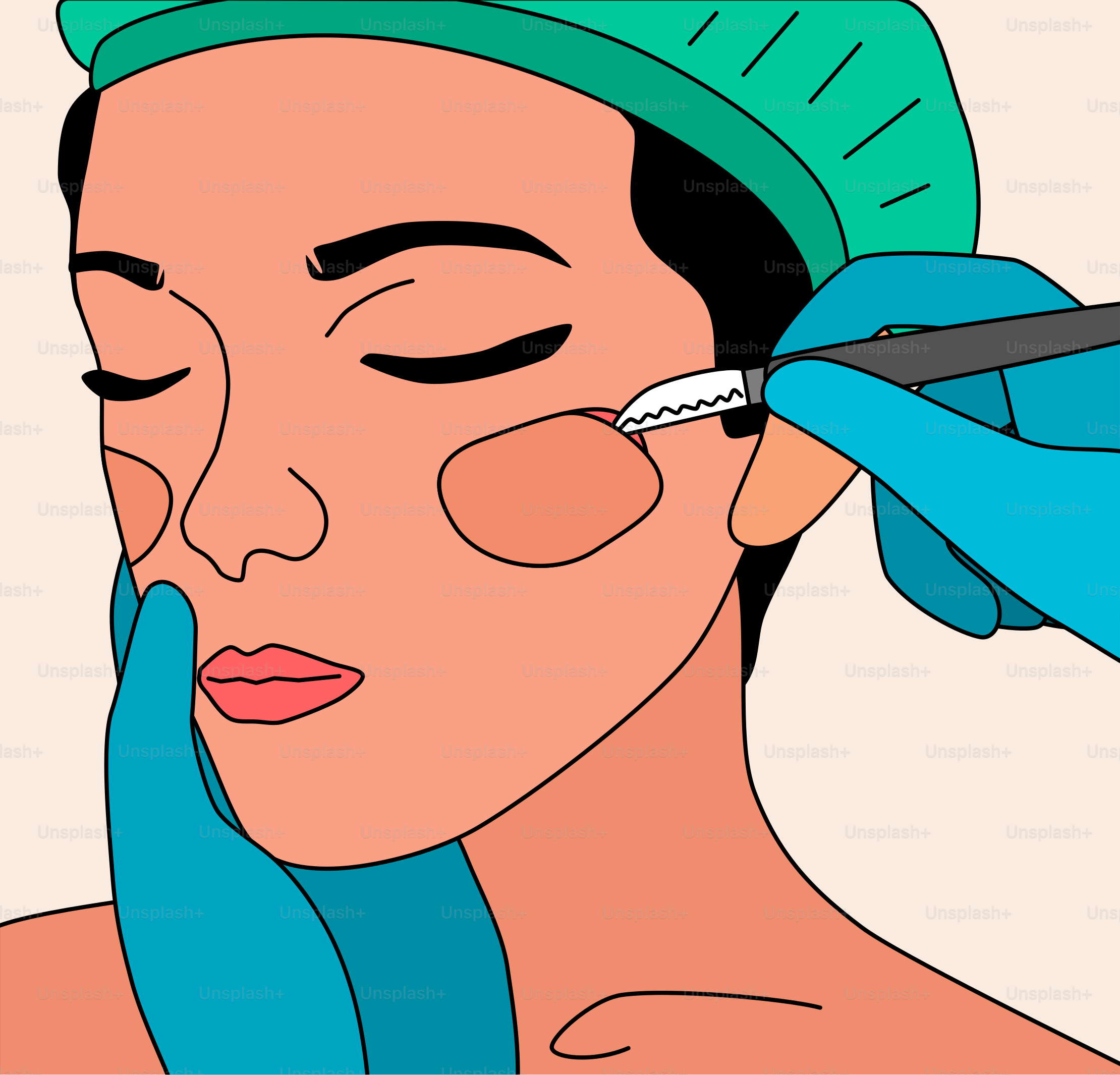 A woman with a towel on her head is shaving her face