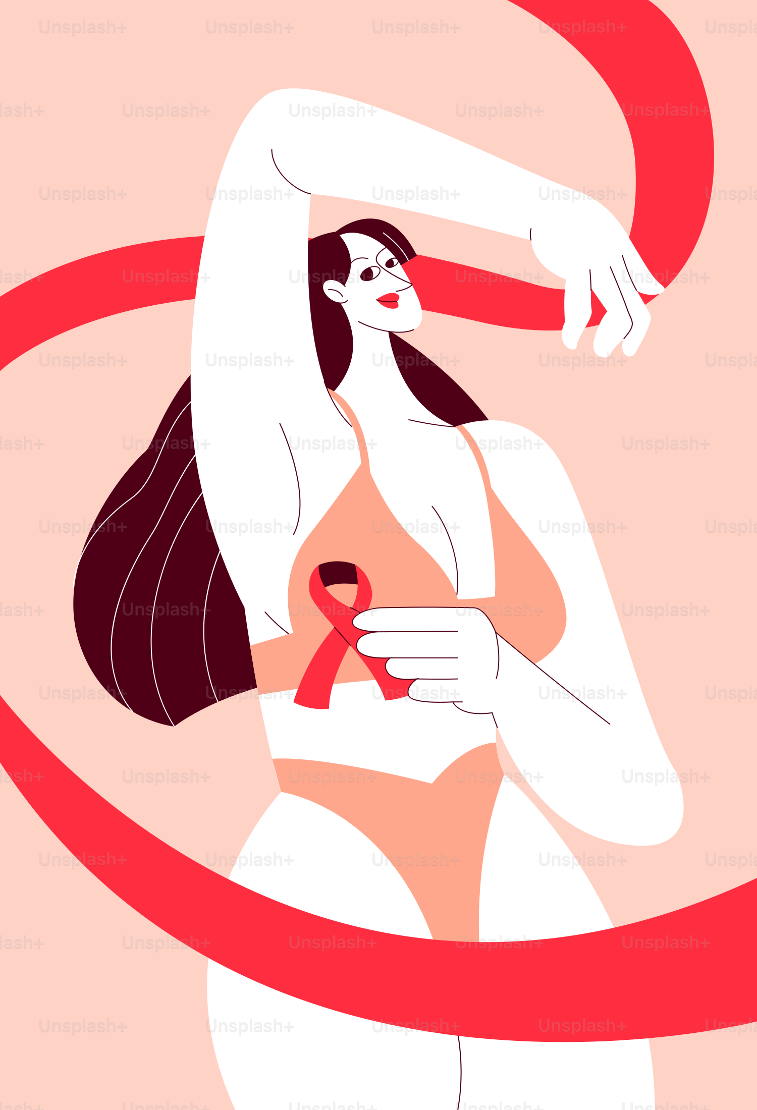 A woman with a red ribbon around her neck