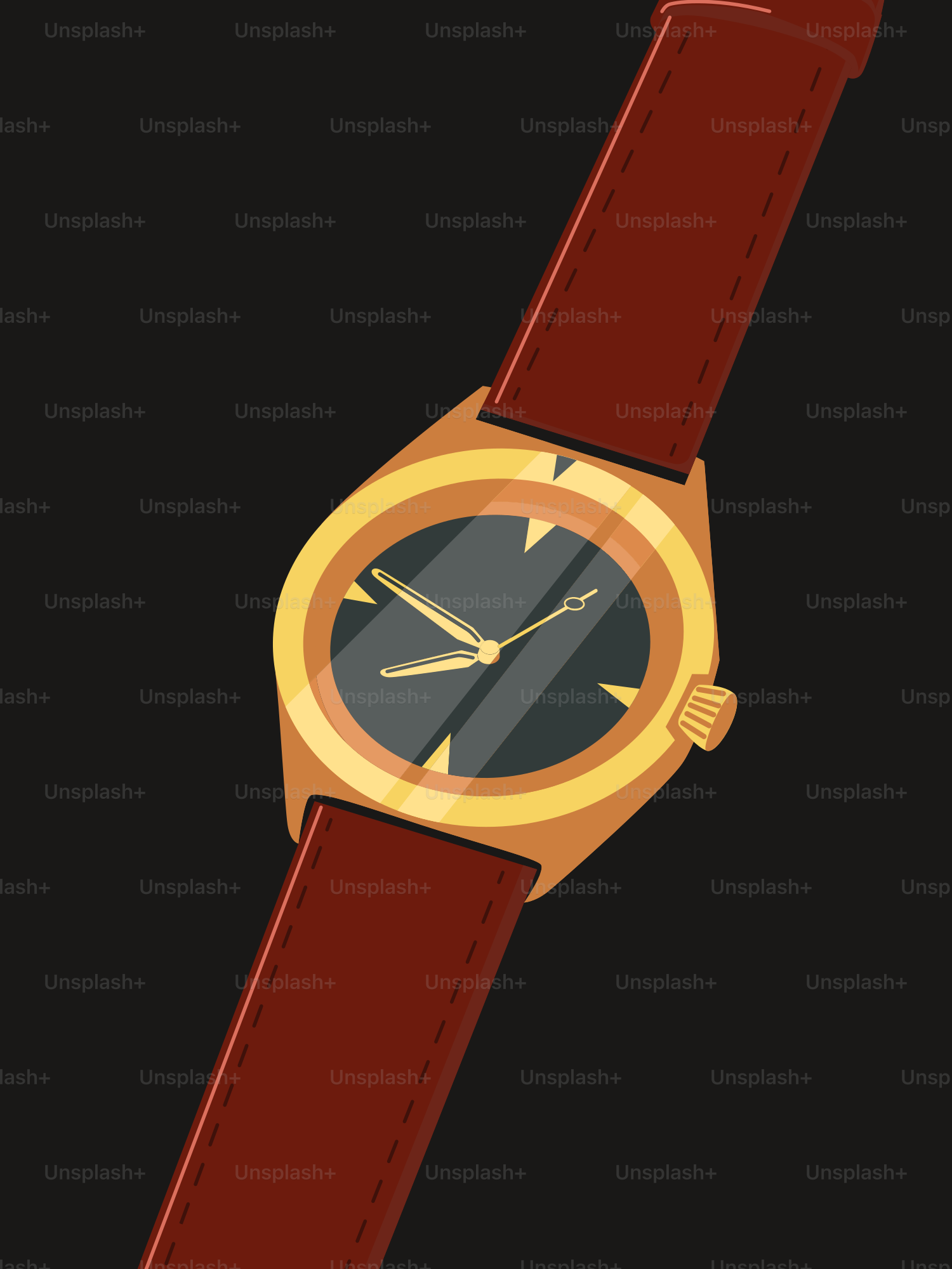 A watch with a gold case and brown leather strap