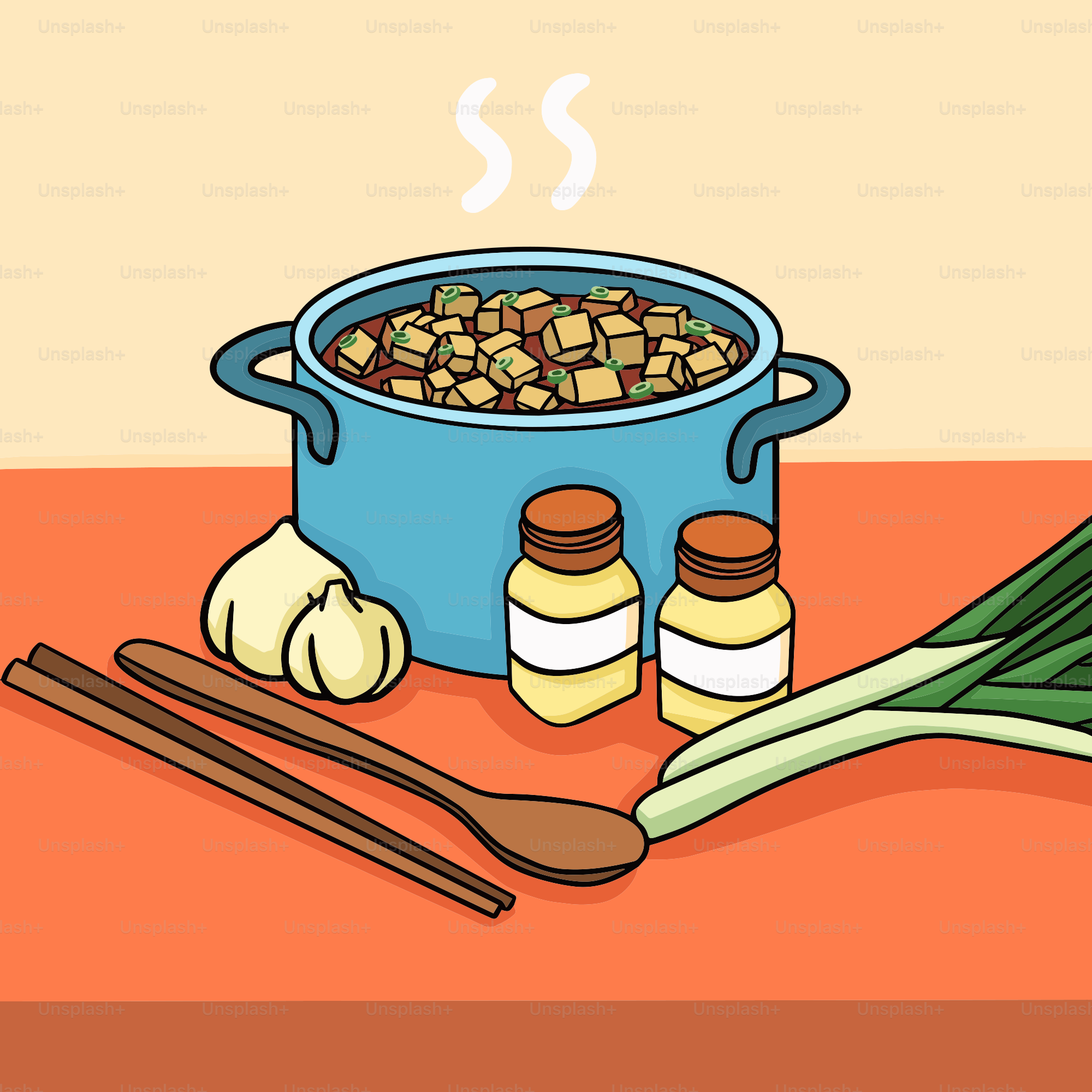 A blue pot of food sitting on top of a table