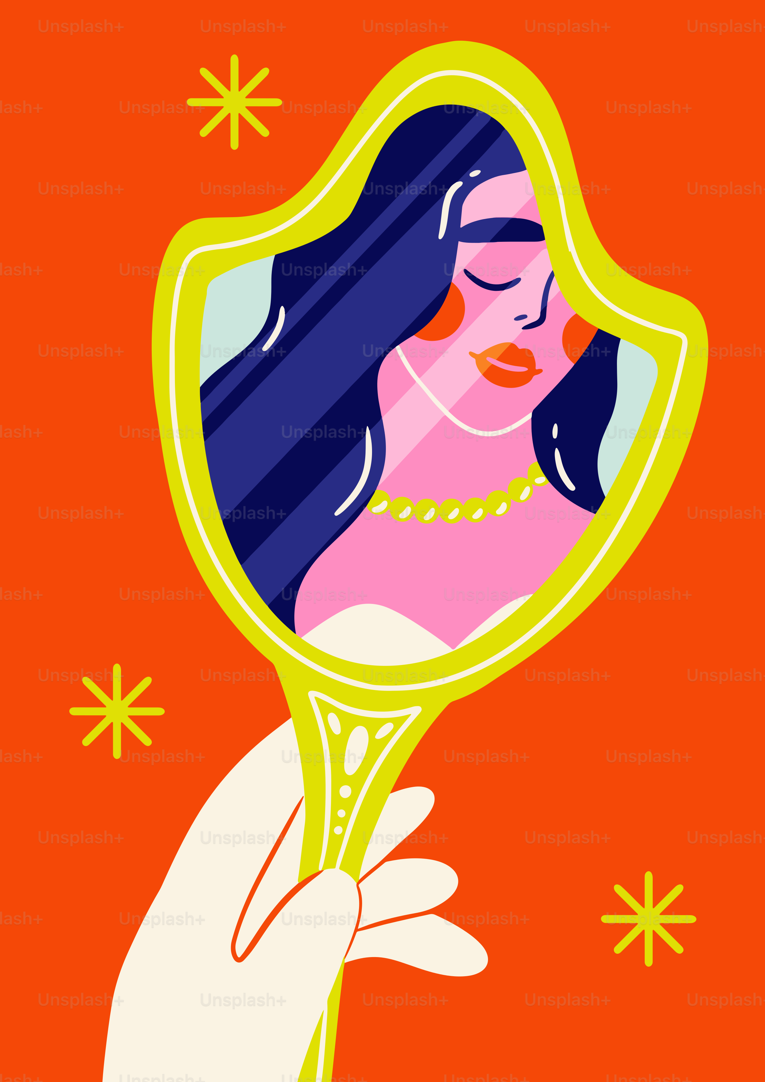 A hand holding a mirror with a woman's face in it