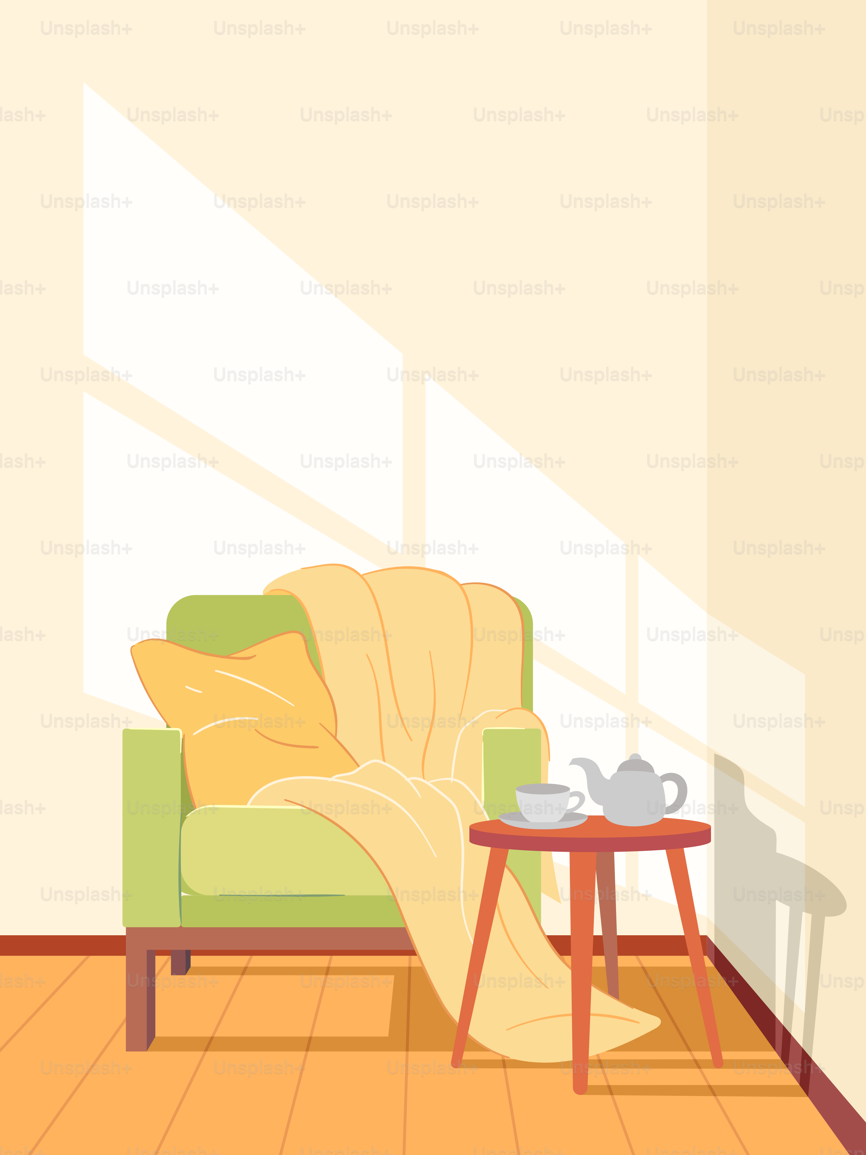 A living room with a green chair and a table