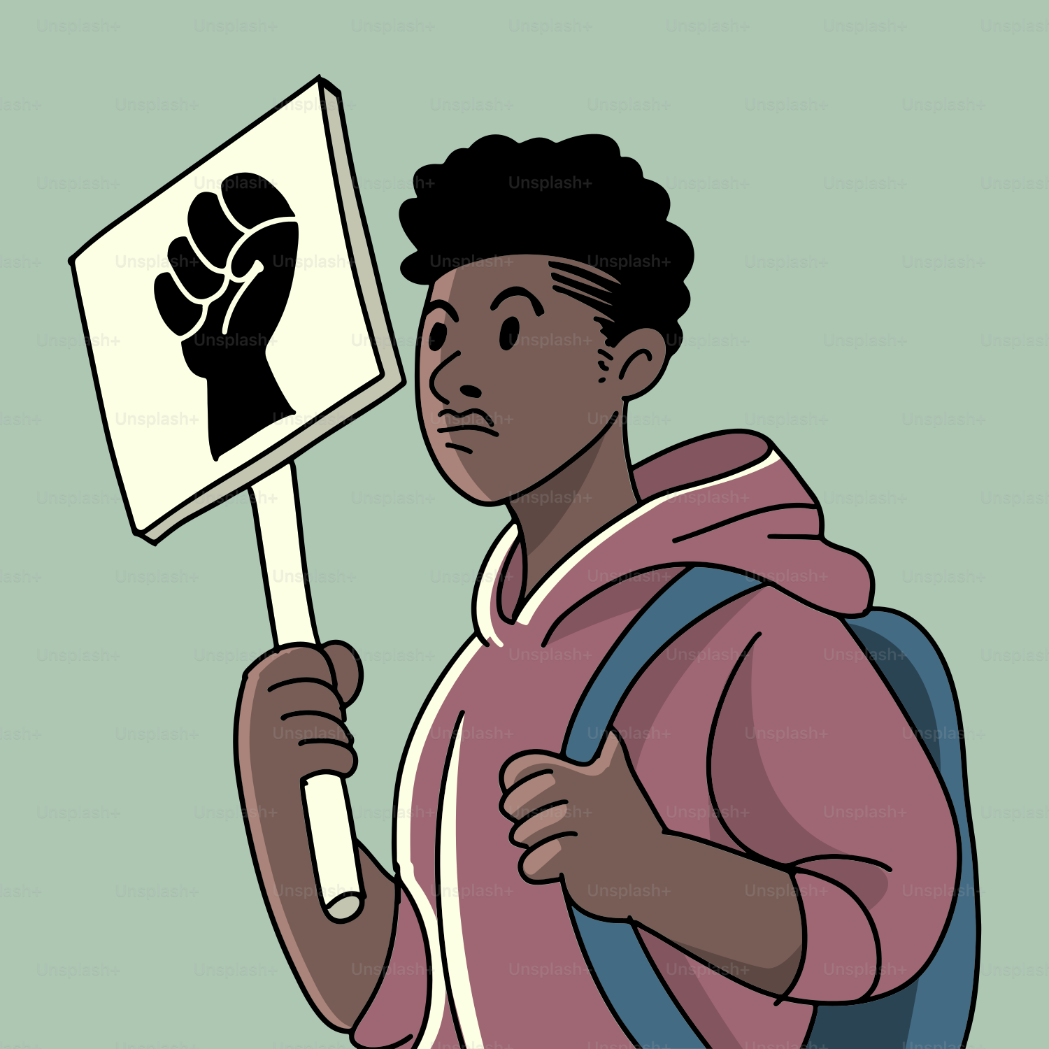 Un hombre sosteniendo un cartel con un puño encima