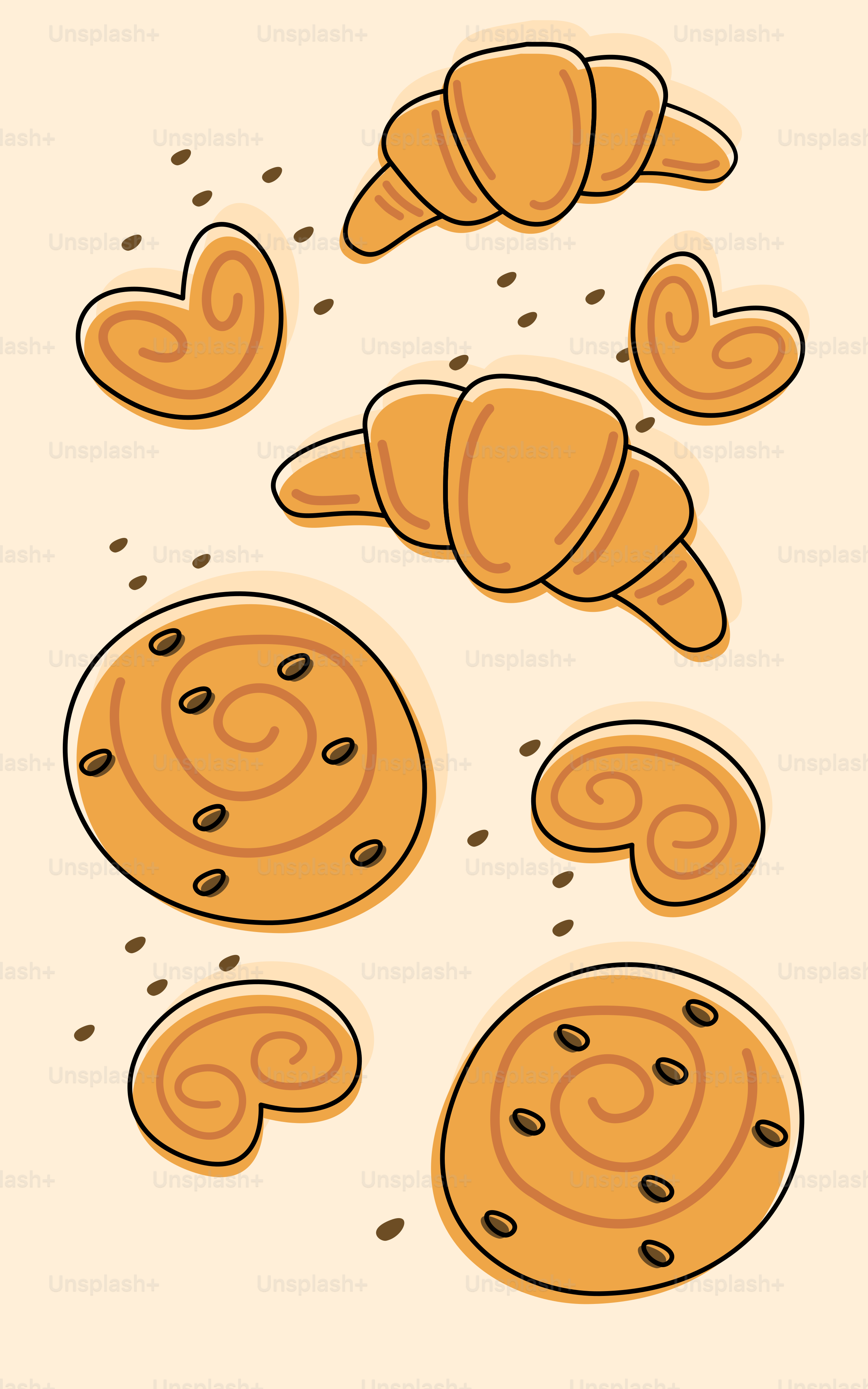 A drawing of a bunch of cookies and croissants