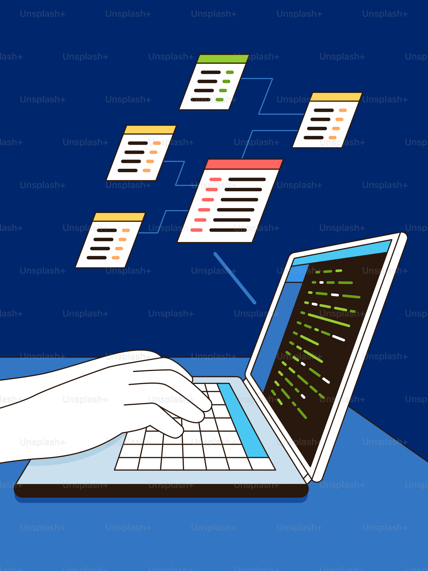 A person typing on a laptop with a lot of data flying out of the screen ...