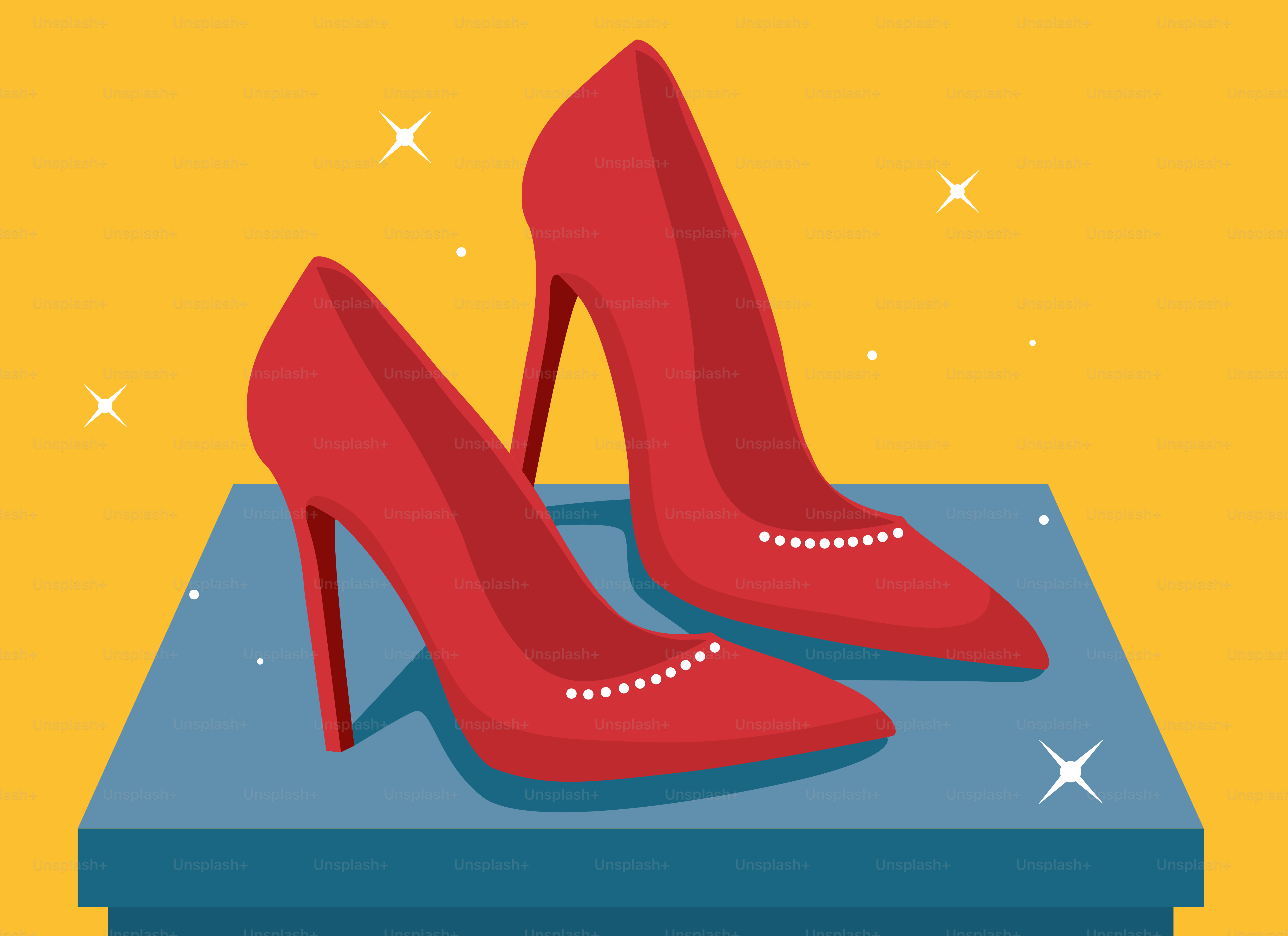 A pair of red shoes sitting on top of a blue box