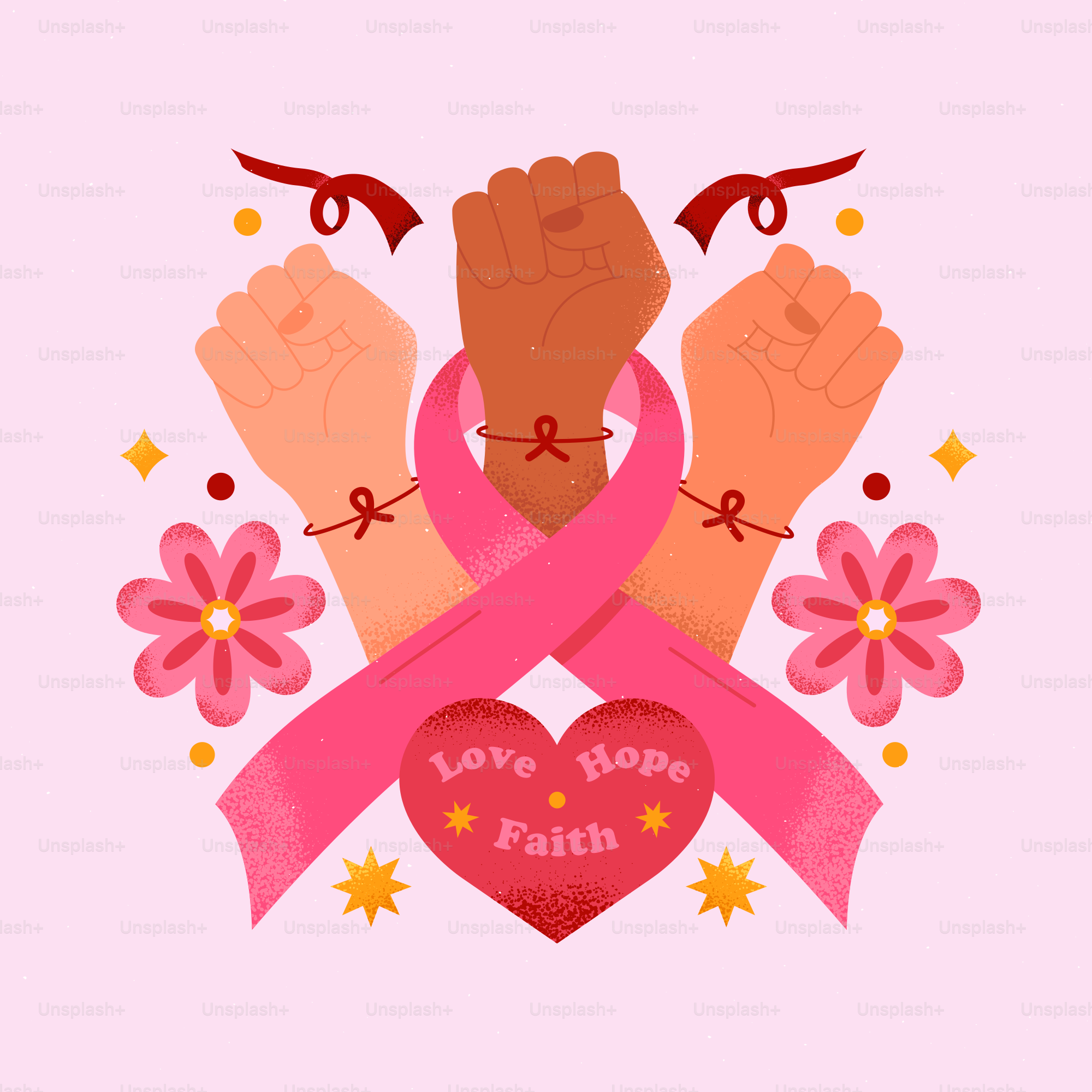 A pink ribbon with two hands holding a heart