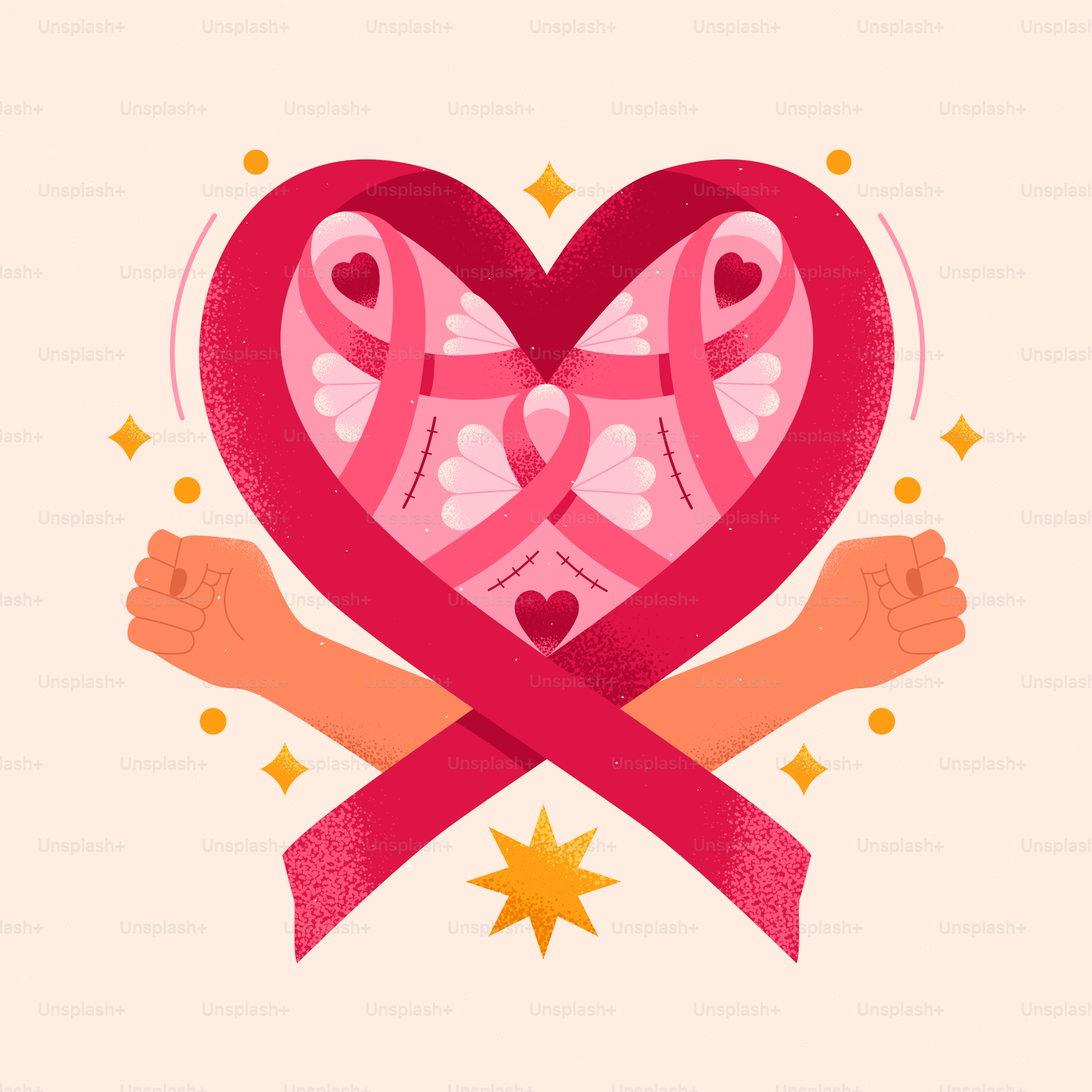 A heart with two hands holding a ribbon