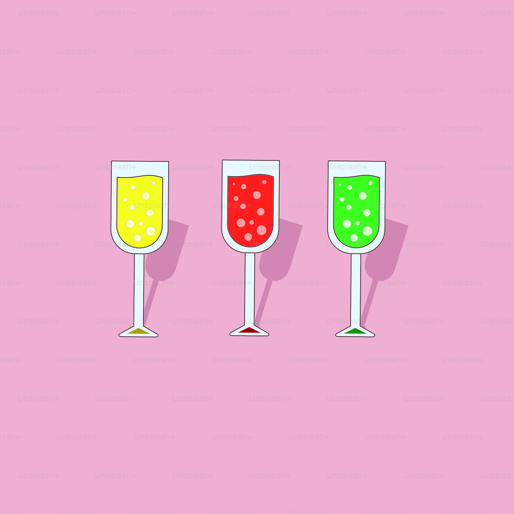 Three glasses of different colored liquid on a pink background