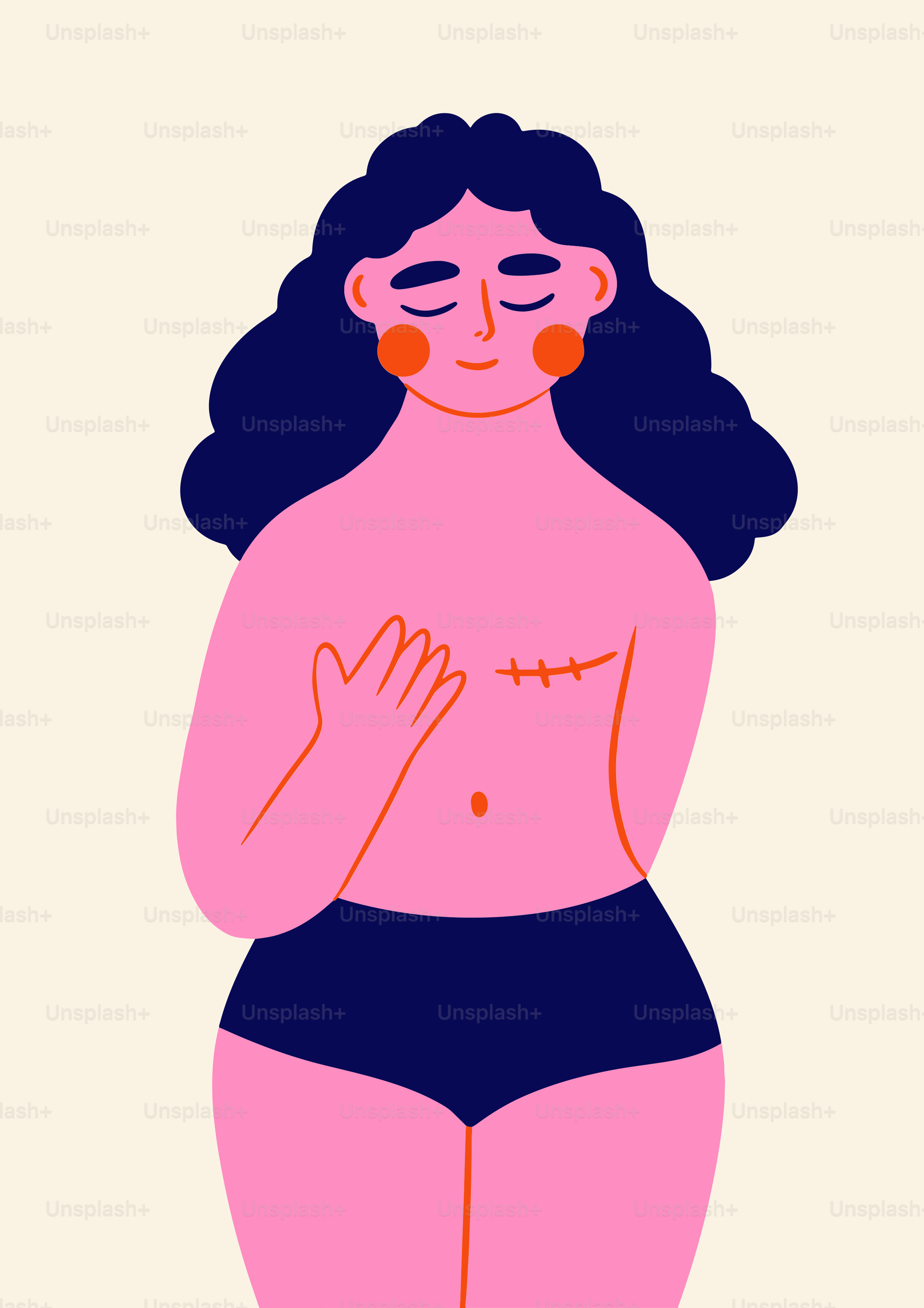 A woman in a bathing suit with her hand on her chest