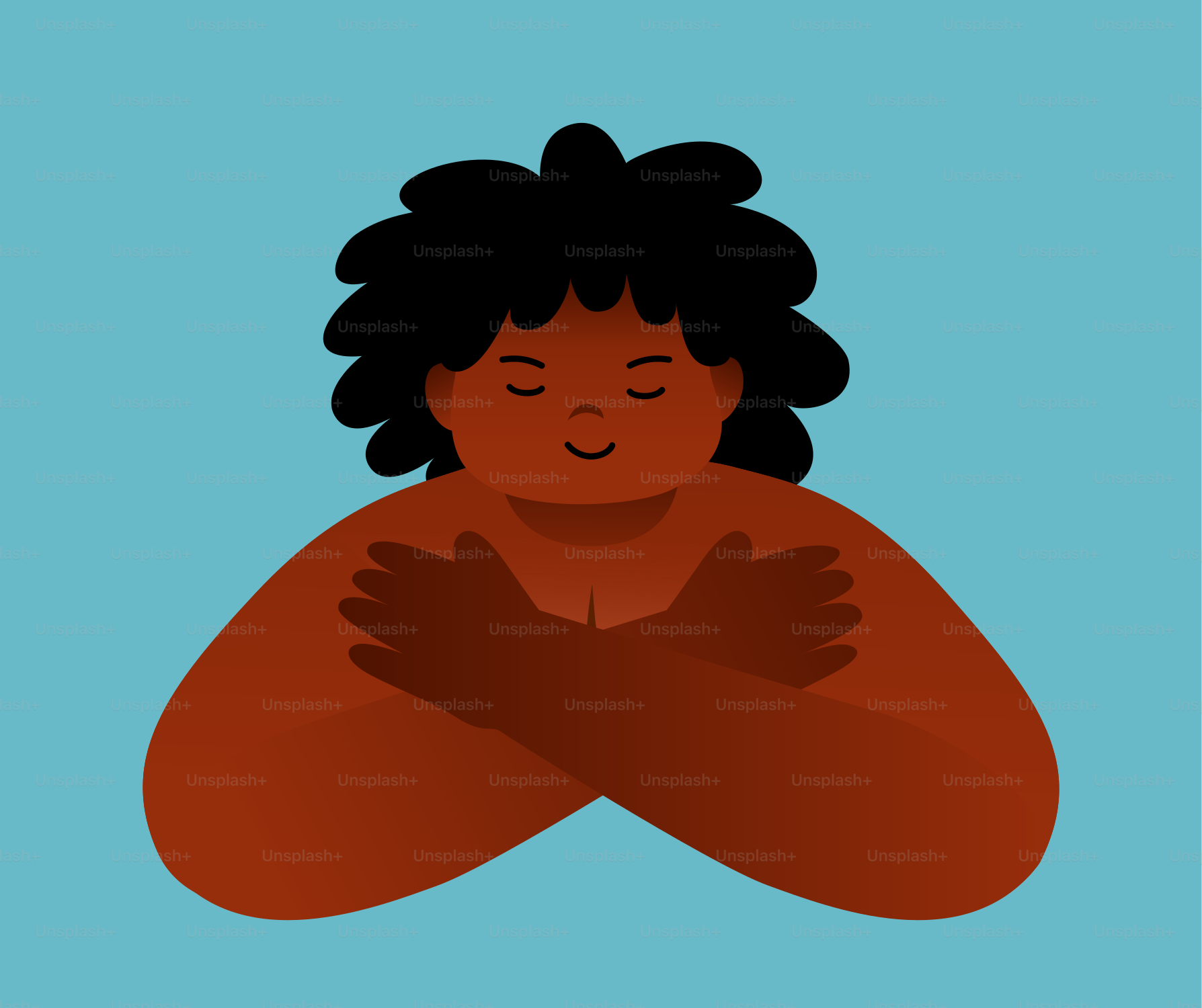 A woman with her arms crossed in front of a blue background