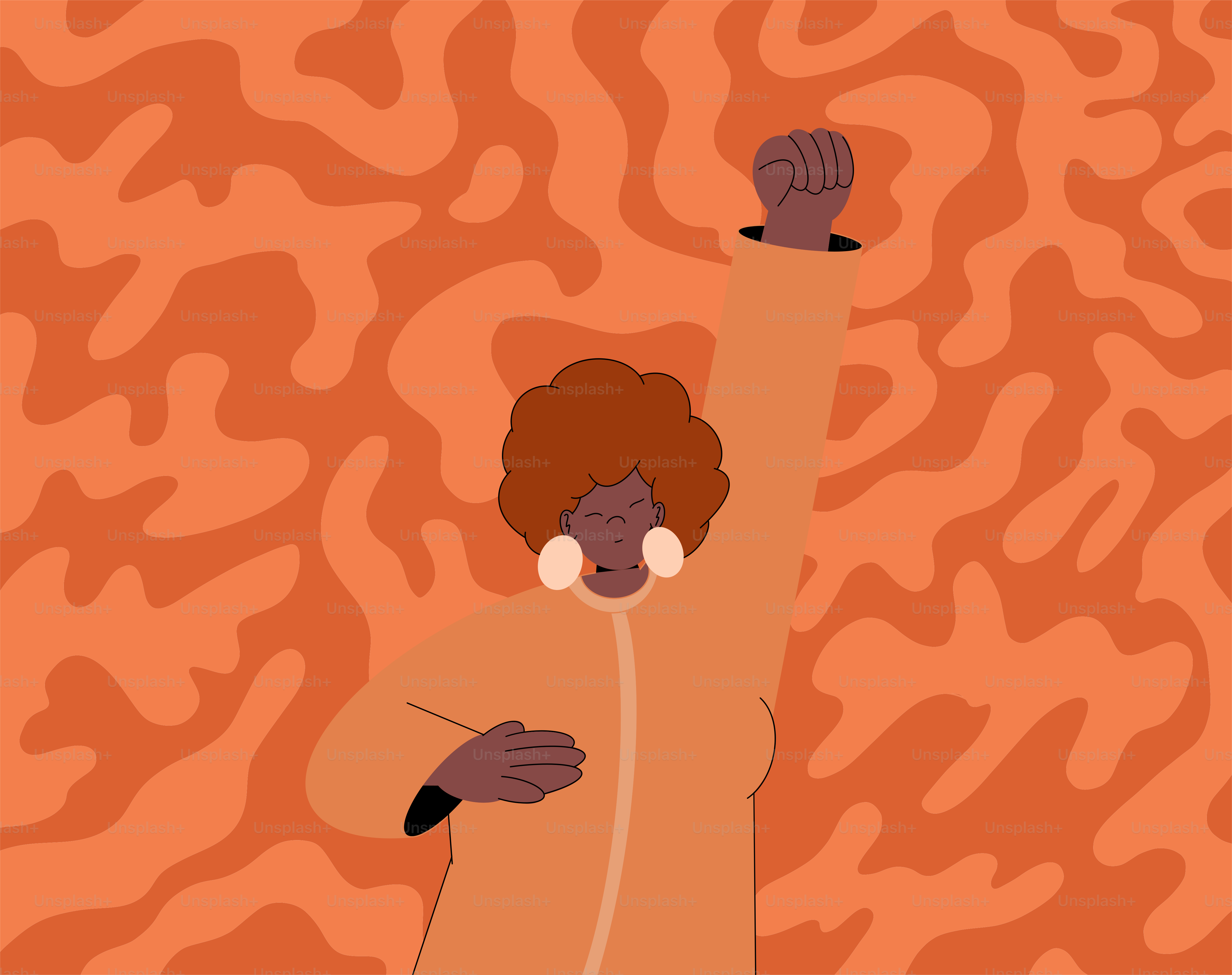 A person with headphones standing in front of an orange background