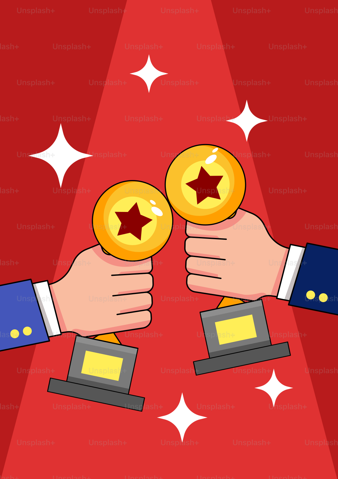 Two hands holding gold stars on a red background