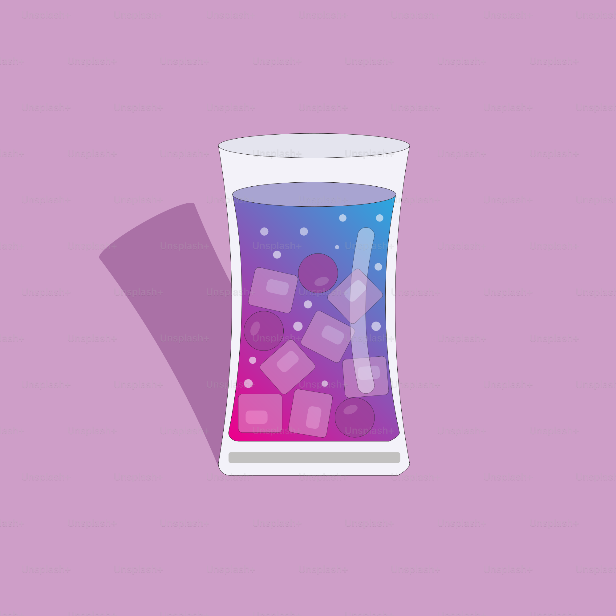 A glass filled with ice cubes on a purple background