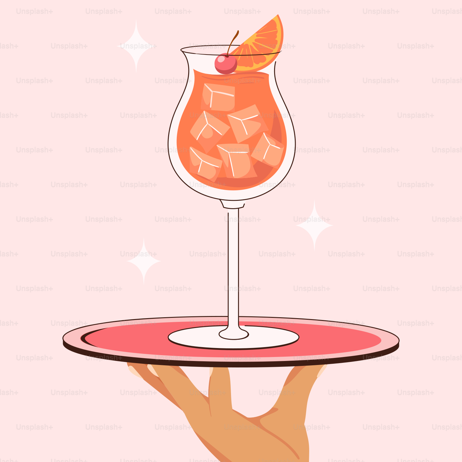 A hand holding a tray with a drink on it