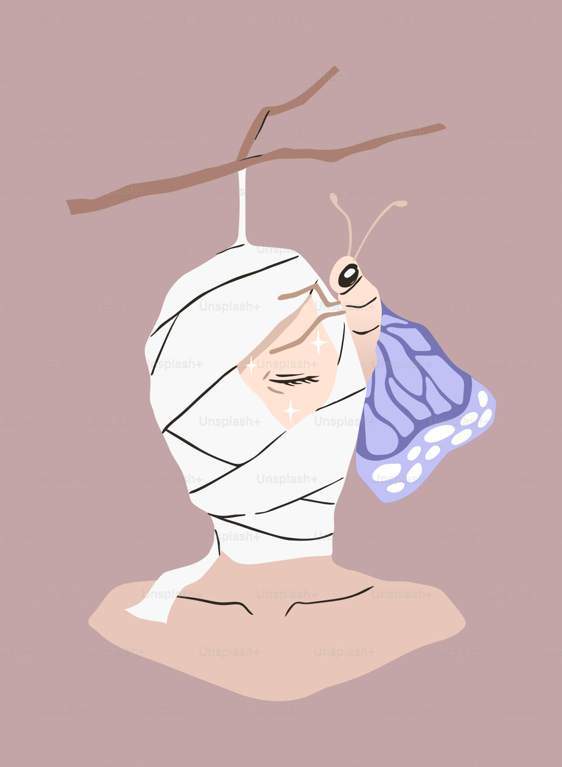 Eine Zeichnung eines Mannes mit einem Verband auf dem Kopf und einem Schmetterling auf seinem