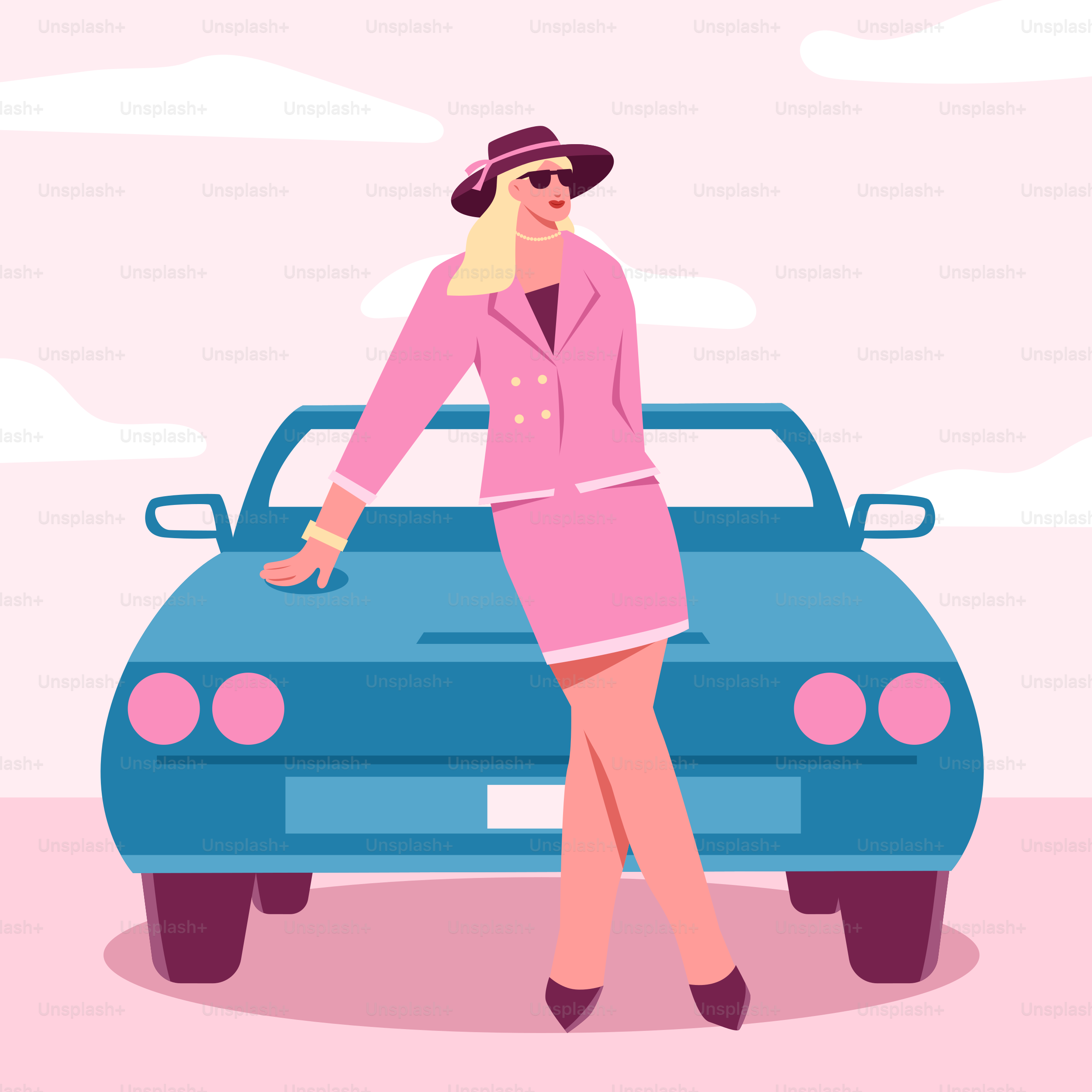 Eine Frau in einem rosa Kleid und Hut steht neben einem blauen Auto